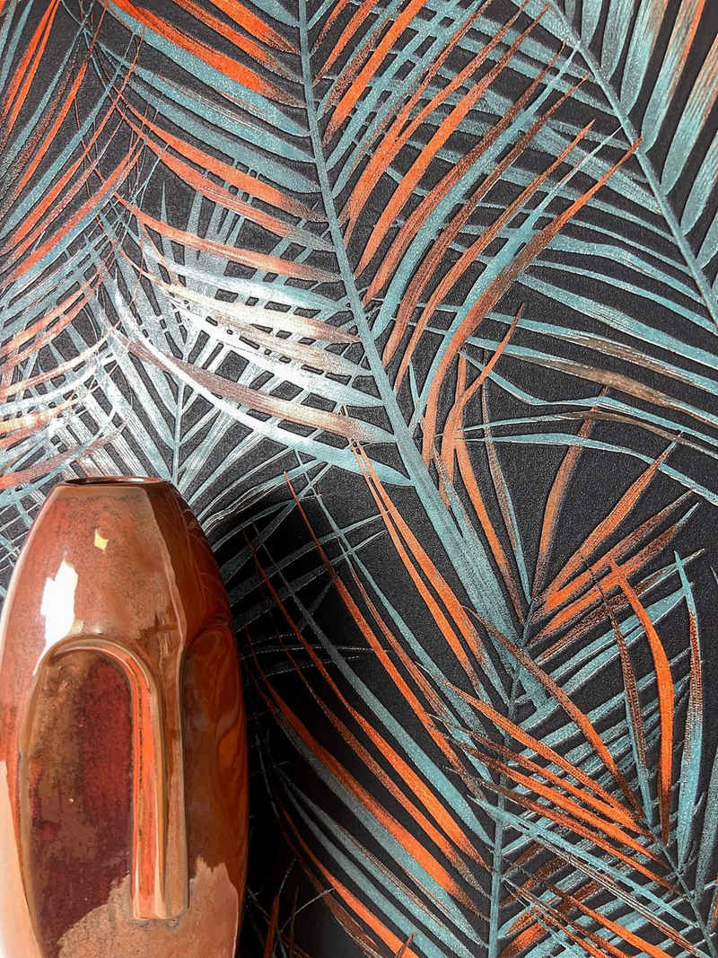 Newroom Vliestapete, Schwarz Tapete Modern Dschungel - Mustertapete Blumentapete Orange Petrol Tropisch Floral Palmen Blätter für Wohnzimmer Schlafzimmer Küche