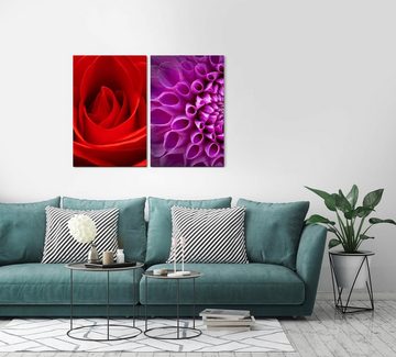 Sinus Art Leinwandbild 2 Bilder je 60x90cm Dahlie Rose Rot Violett Romantisch Dekorativ Makrofotografie
