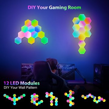 BlingBin LED Panel 12er-Pack Smart RGB Sechseck Gaming Wandleuchte, mit Musik Sync Fernbedienung, LED fest integriert, RGB, DIY Waben Wand Licht mit Alexa und Google Assistant