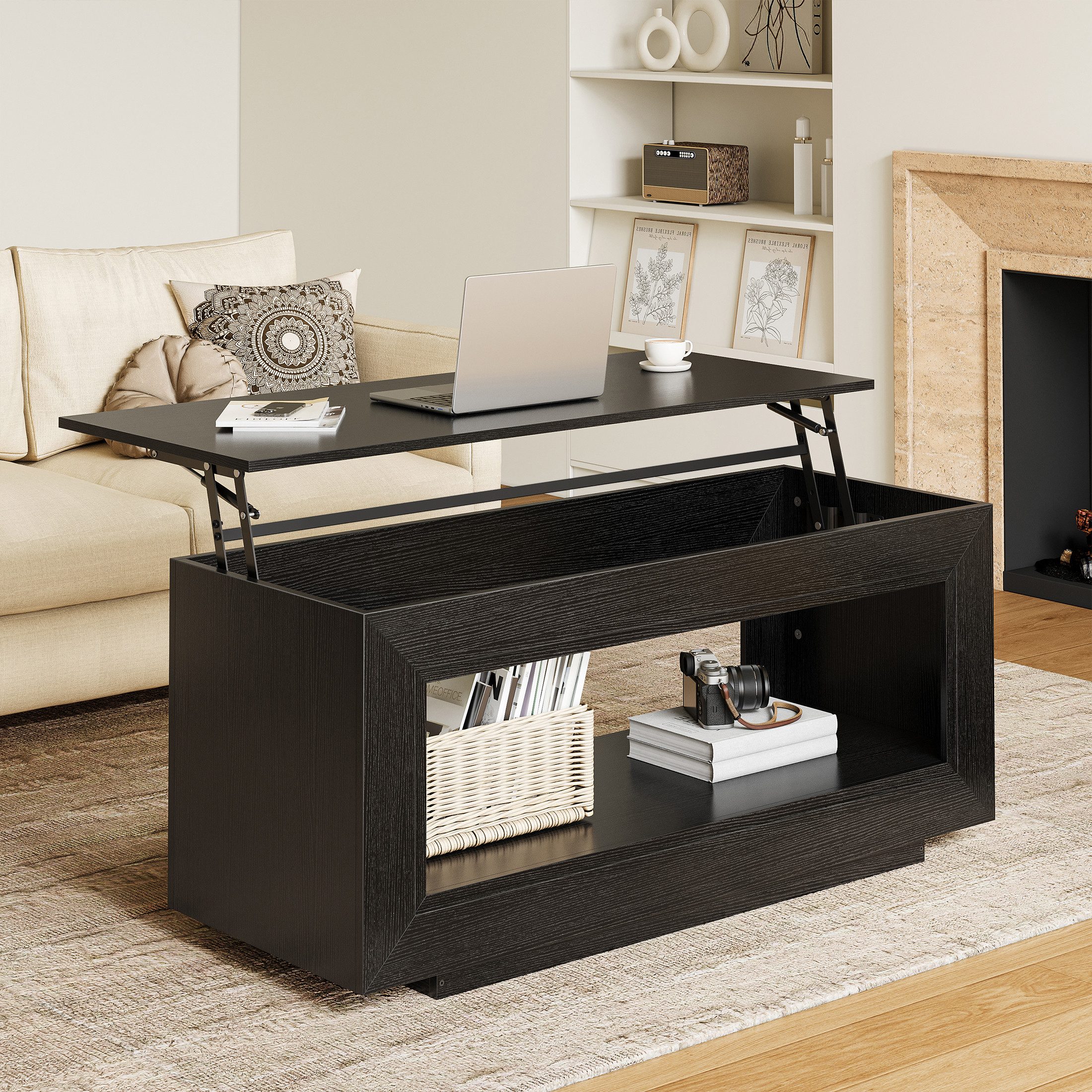 FABATO Couchtisch Multifunktionaler hebbarer Couchtisch mit Stauraum (1-St), aus Holz in Schwarz – ideal als Wohnzimmer-Mitteltisch