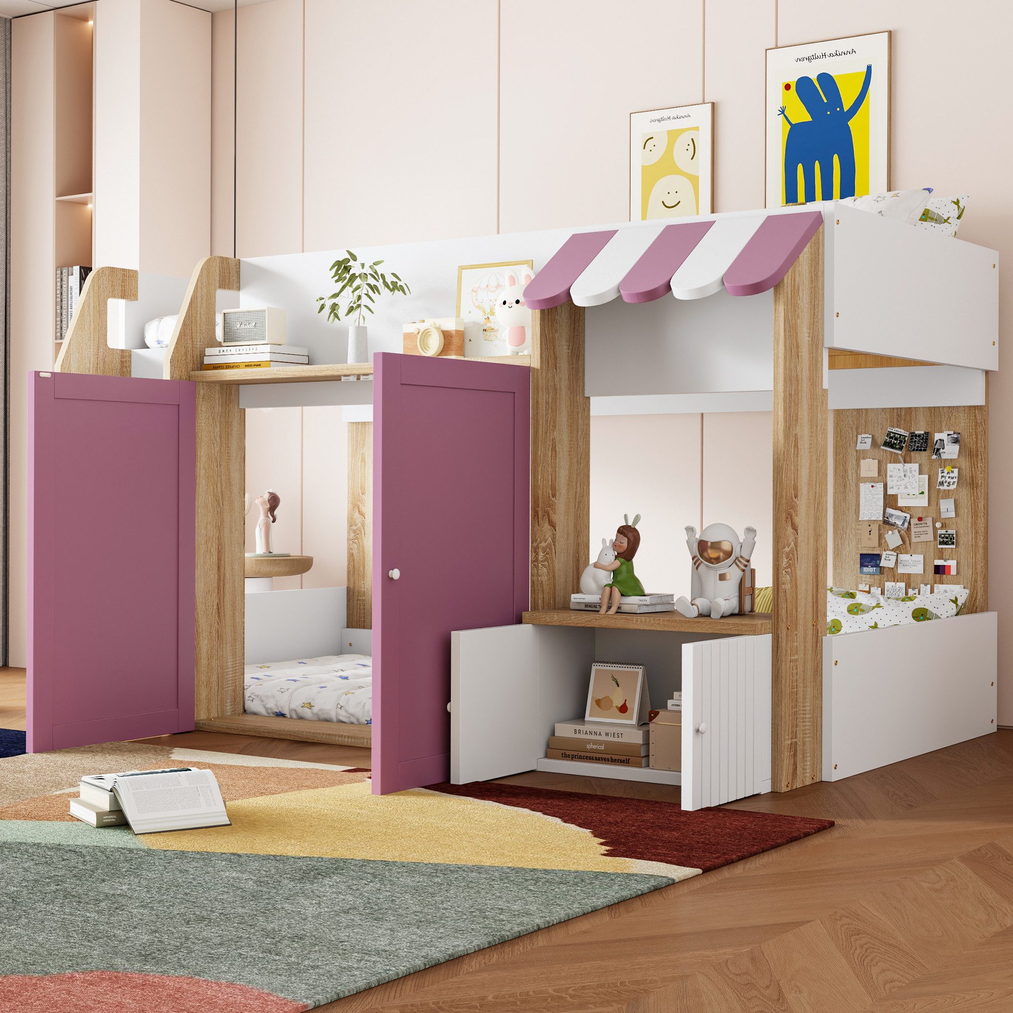 OKWISH Etagenbett Kinderbett Holzbett (mit Kletterleiter & offenem Stauraum, 90x200cm), ohne Matratze