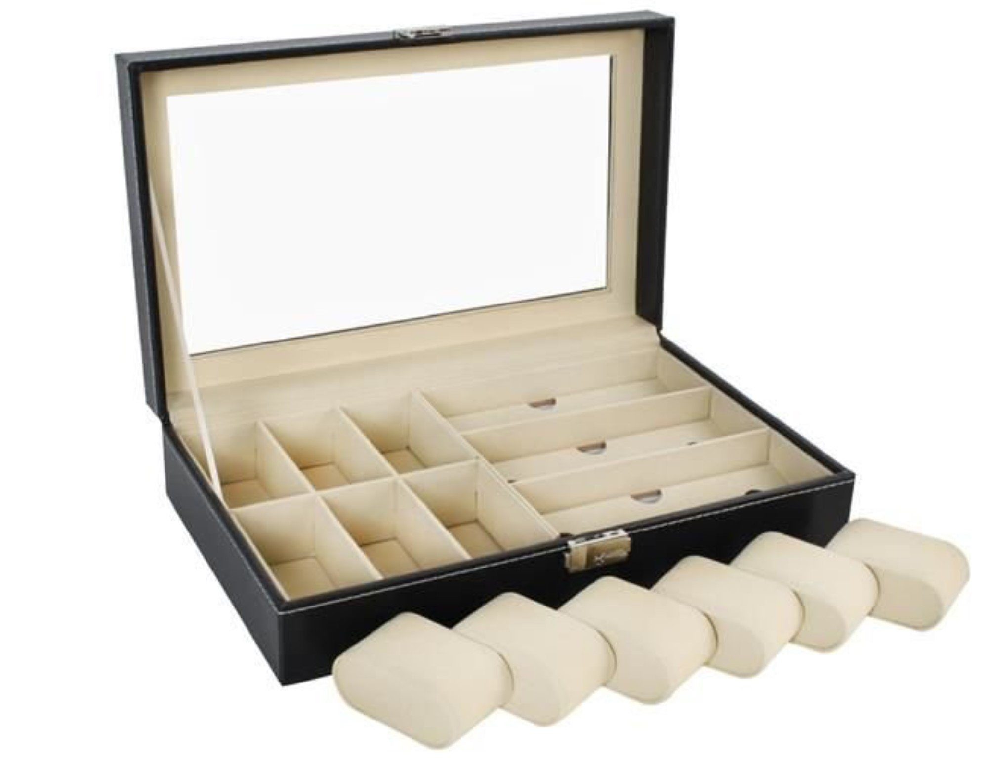 MALATEC Schmuckkasten Schwarzer Uhren-Brillen-Organizer Box: Stilvolle Aufbewahrungslösung (Organizer-Set mit Schlüssel, Uhren-& Brillenorganizer mit Schlüssel), Organizer mit sicherem Verschluss und weicher Innenpolsterung