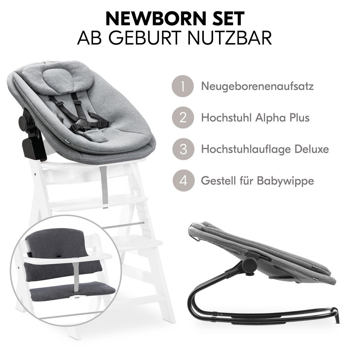 Hauck Hochstuhl Alpha Plus White Newborn Set (Set), Holz Babyhochstuhl ab Geburt inkl. Neugeborenenaufsatz & Sitzauflage
