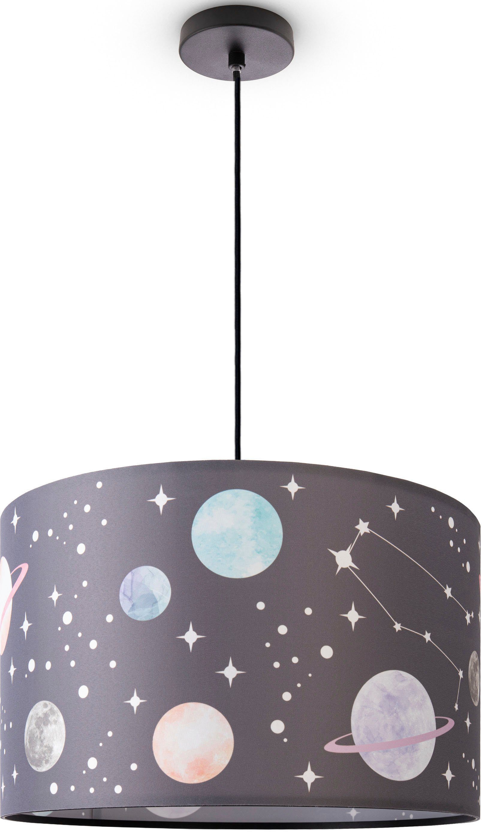 Hugo Paco Pendellampe Kinderzimmer ohne Leuchtmittel, Stoff Sterne Home Planeten E27 Rund Pendelleuchte Cosmo, Lampenschirm