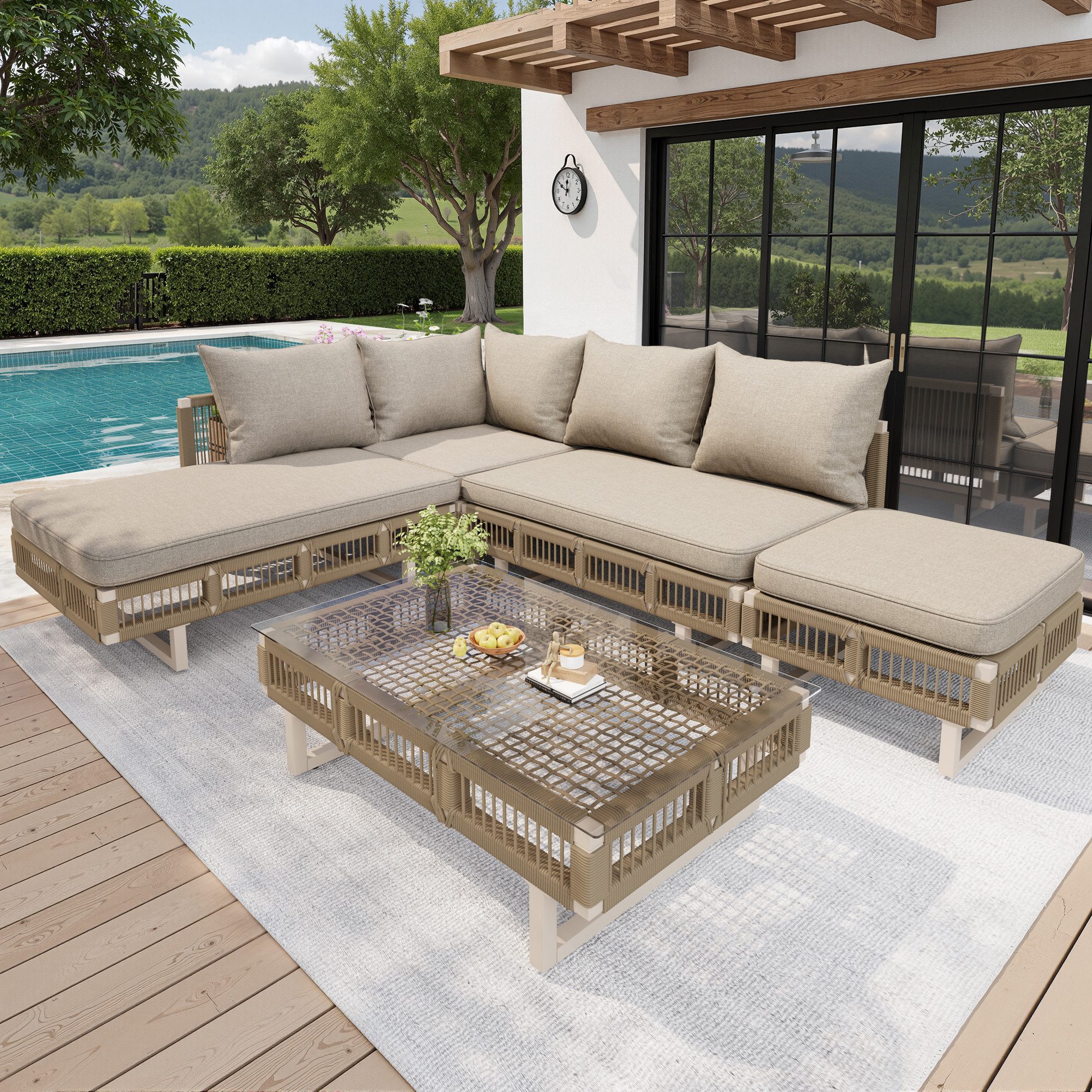 Merax Gartenlounge-Set Seilgeflecht Terrassenmöbel Gartenmöbel mit verstellbaren Füßen, (Wetterfest, 5-tlg., für Terrasse Balkon Pool), 6-Sitzer Sitzgruppe mit Sofa, Ecksofa, Hocker und Glas-Couchtisch