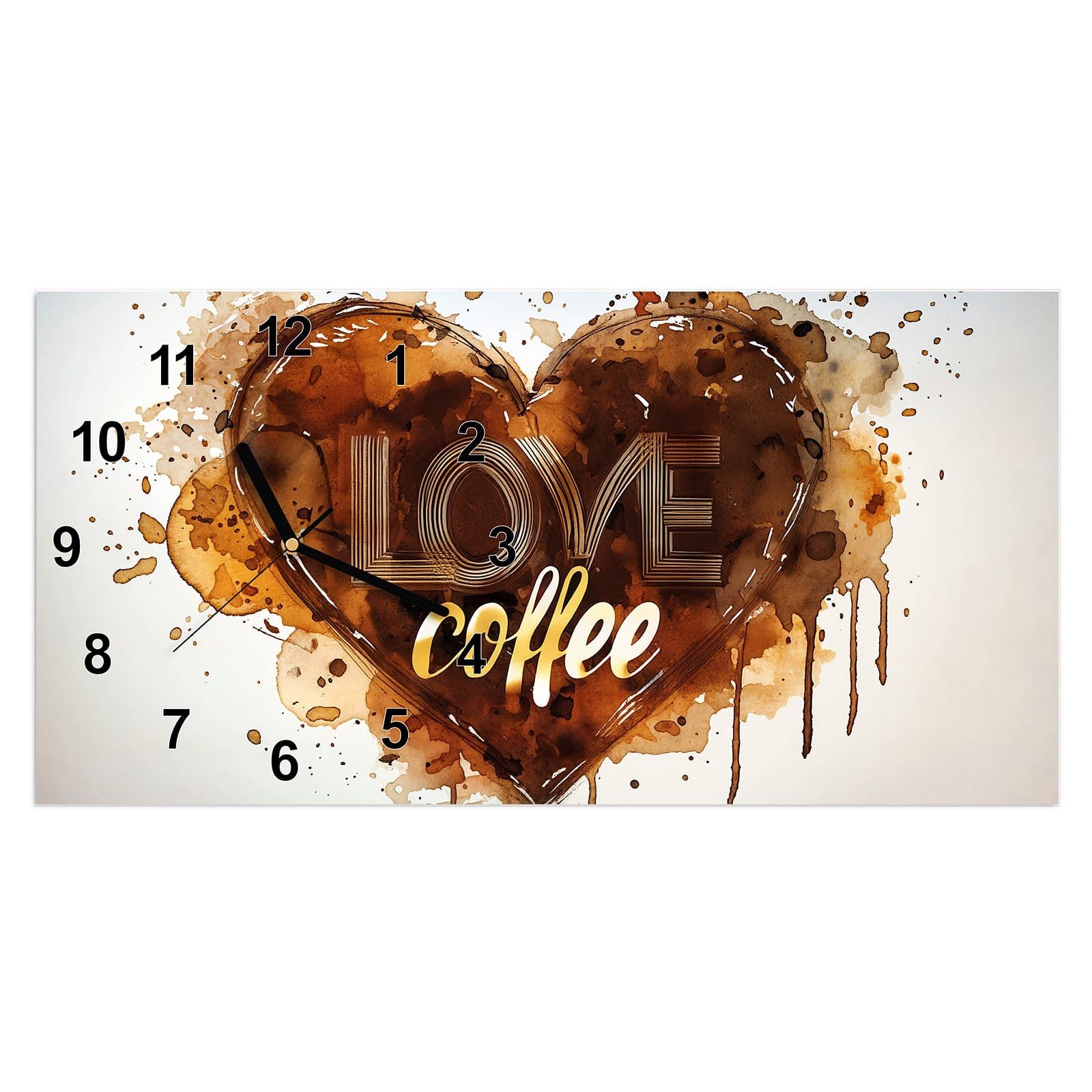 Wanduhr Glasuhr Wandkunst Größe 60 x 30 cm mit Motiv Kaffeeherz
