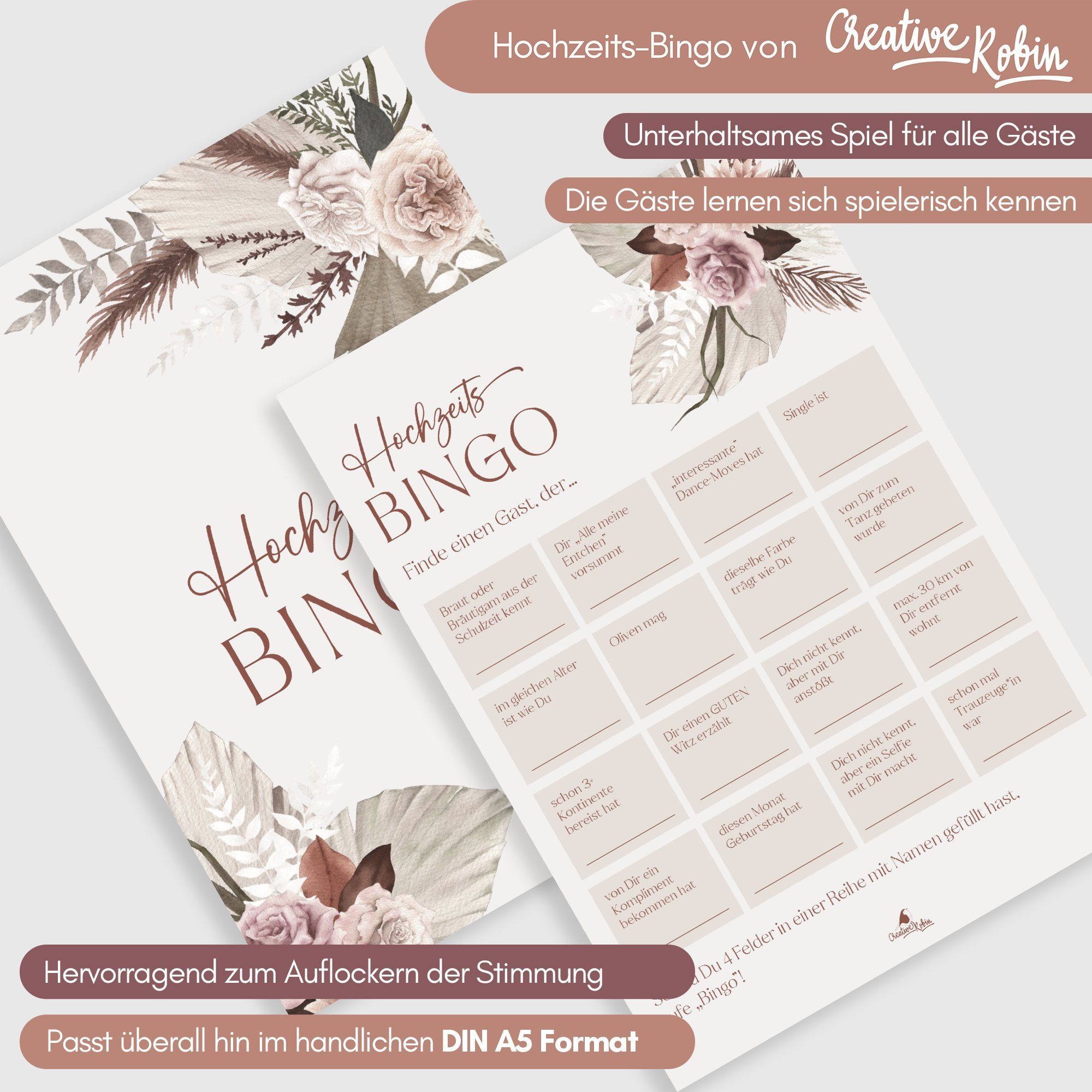 I Hochzeitsbingo Gäste für & Blätter Hochzeitskarte 50 als Hochzeitsspiel CreativeRobin Brautpaar