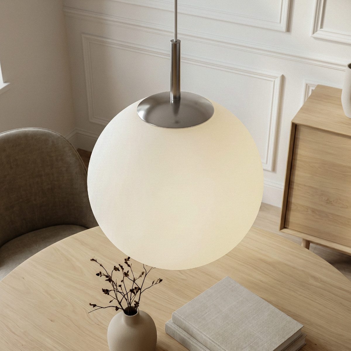 Liadomo Pendelleuchte Kyra, 1-flammige Hängelampe, rund, aus Opalglas, schlicht, modern, ohne Leuchtmittel, E27-Fassung, diffuses Licht, 35 cm Durchmesser, Esszimmerlampe