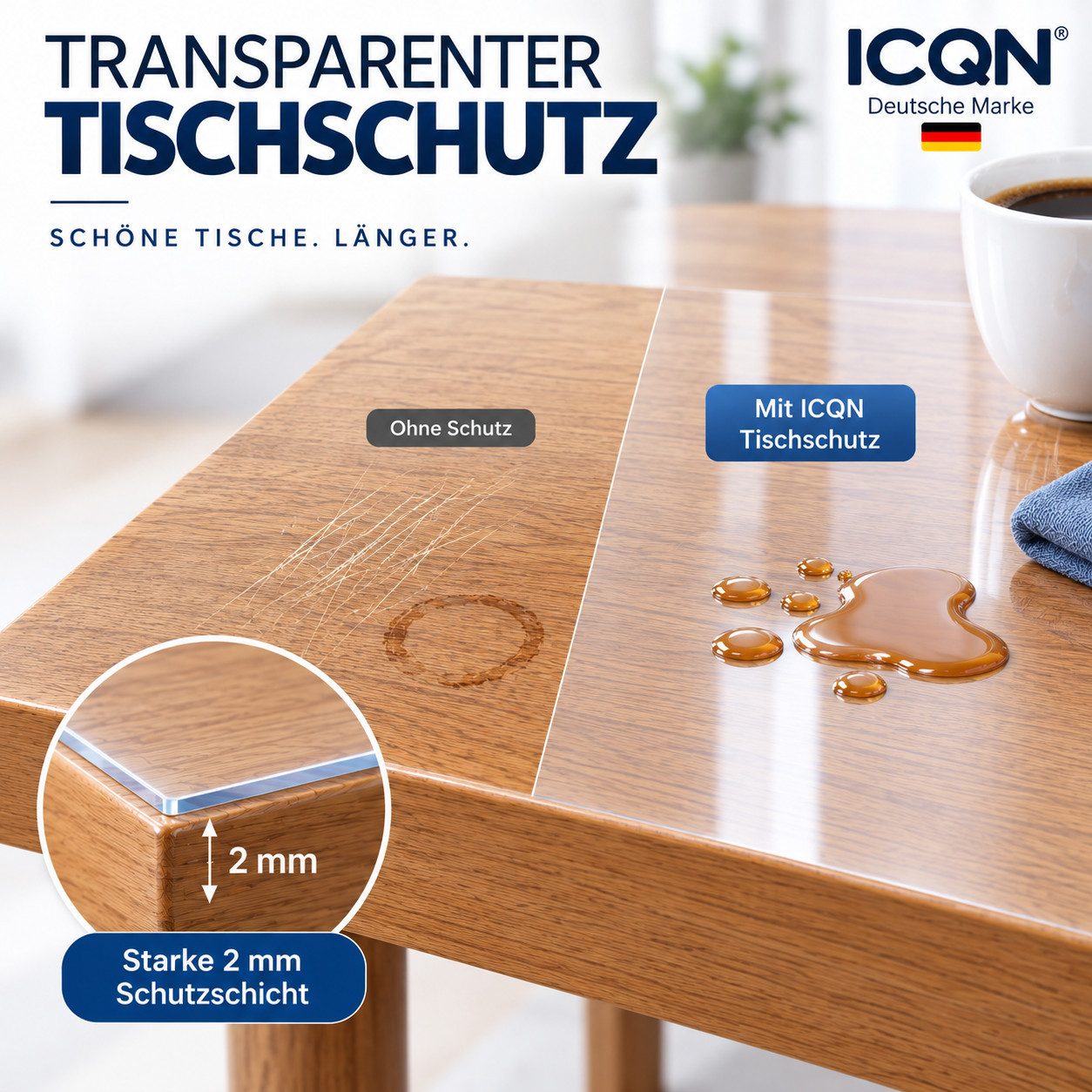 ICQN Tischdecke Transparente PVC Tischschutzfolie 2 mm, kratzfest & hitzebeständig – Bild 3 von 5