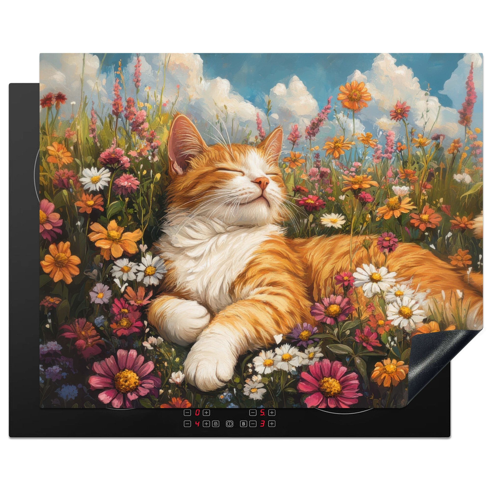 MuchoWow Herd-Abdeckplatte Katze - Blumen - Entspannen, Vinyl, (1 tlg), Abdeckung Induktionskochfeld Schutzmatte, Küche Deko, 65x52 cm