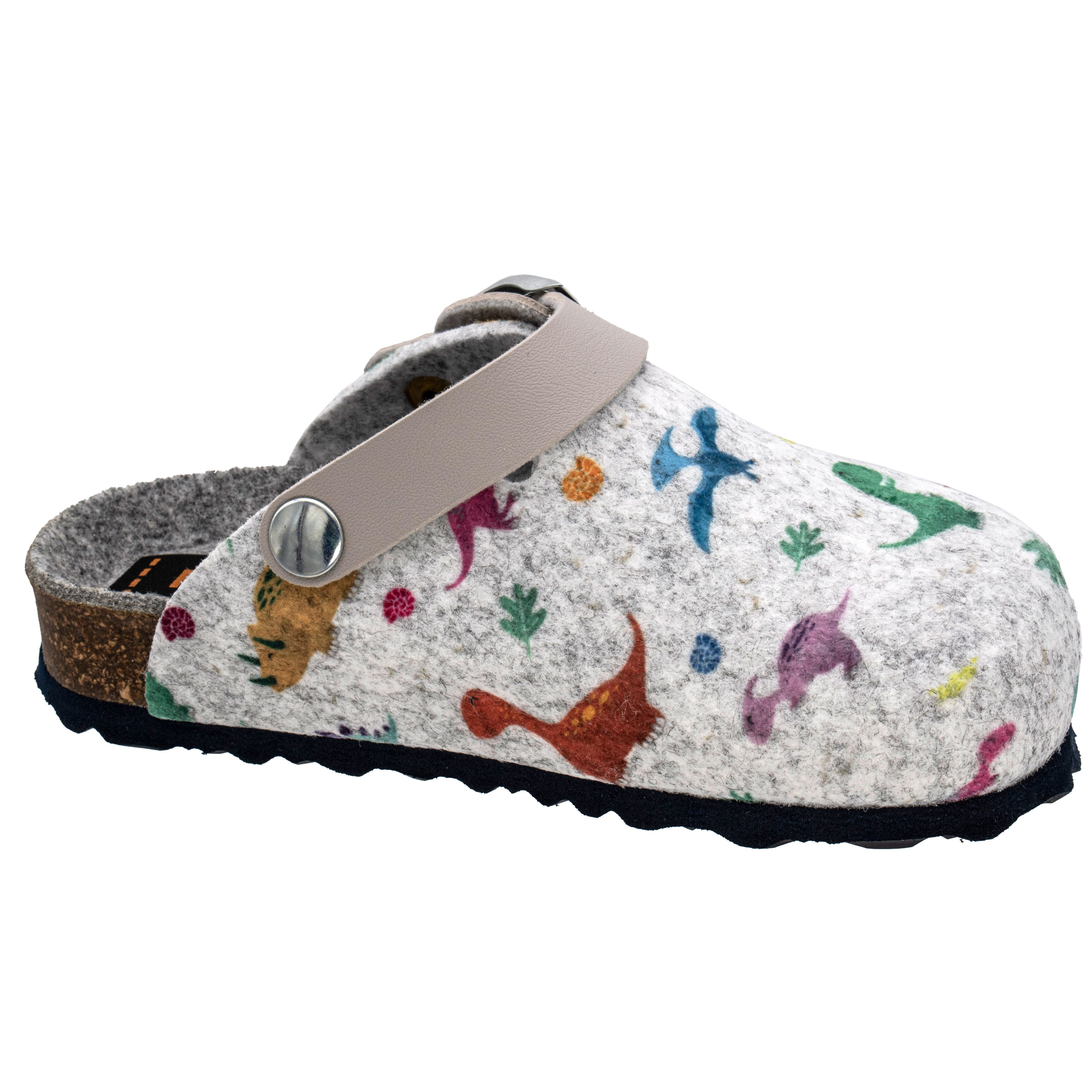 Fischer-Markenschuh Shetland Pantoffel aus Filz, mit Dino´s bedruckt, Filzfutter, Riemen nach hinten klappbar