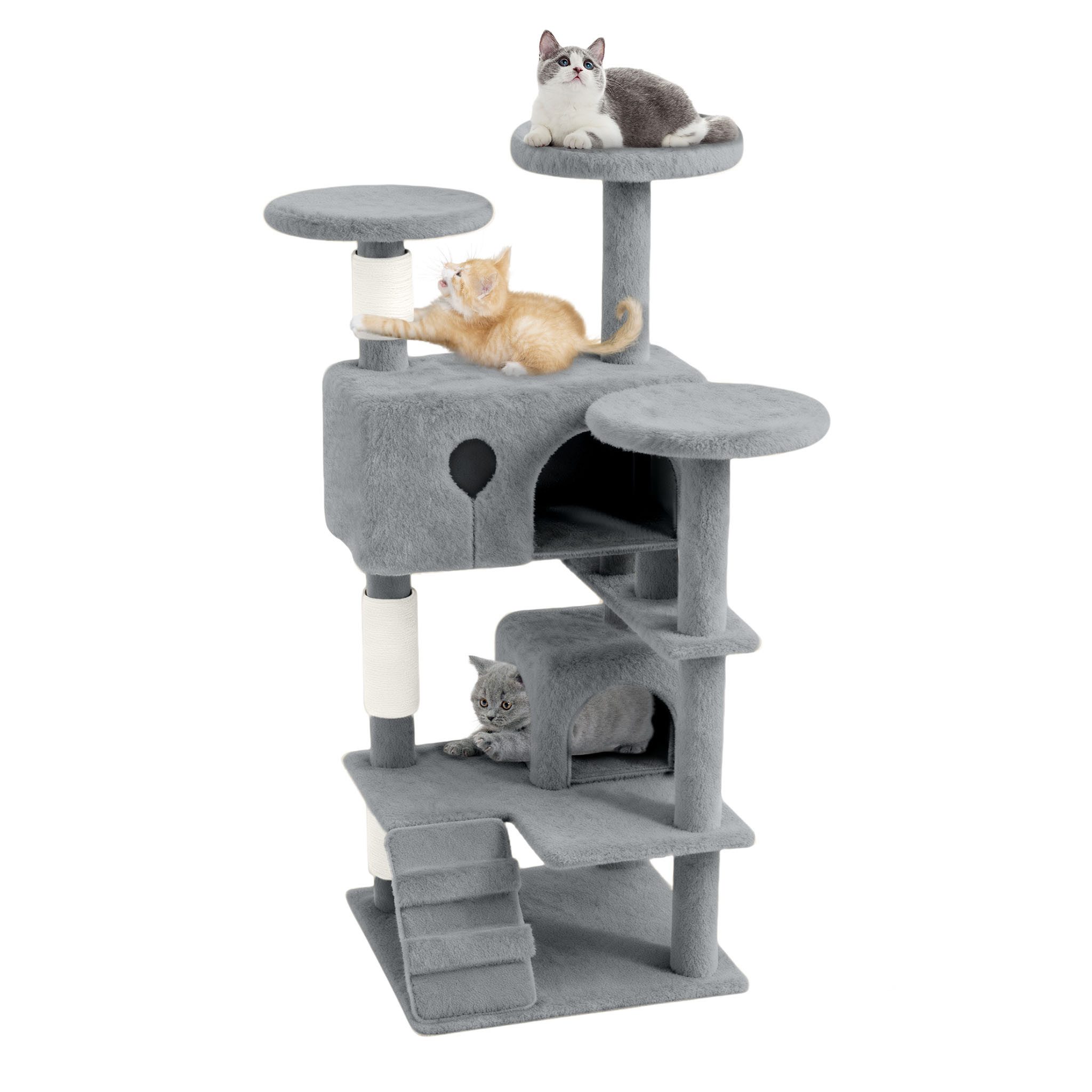 FIVMEN Kratzbaum Grosse 130cm mit Sisal-Seil, 2 Katzenhäusern Plattformen & Höhle, Katzenmöbel Katzenspielzeug für Katzen Beige Dunkelgrau Grau