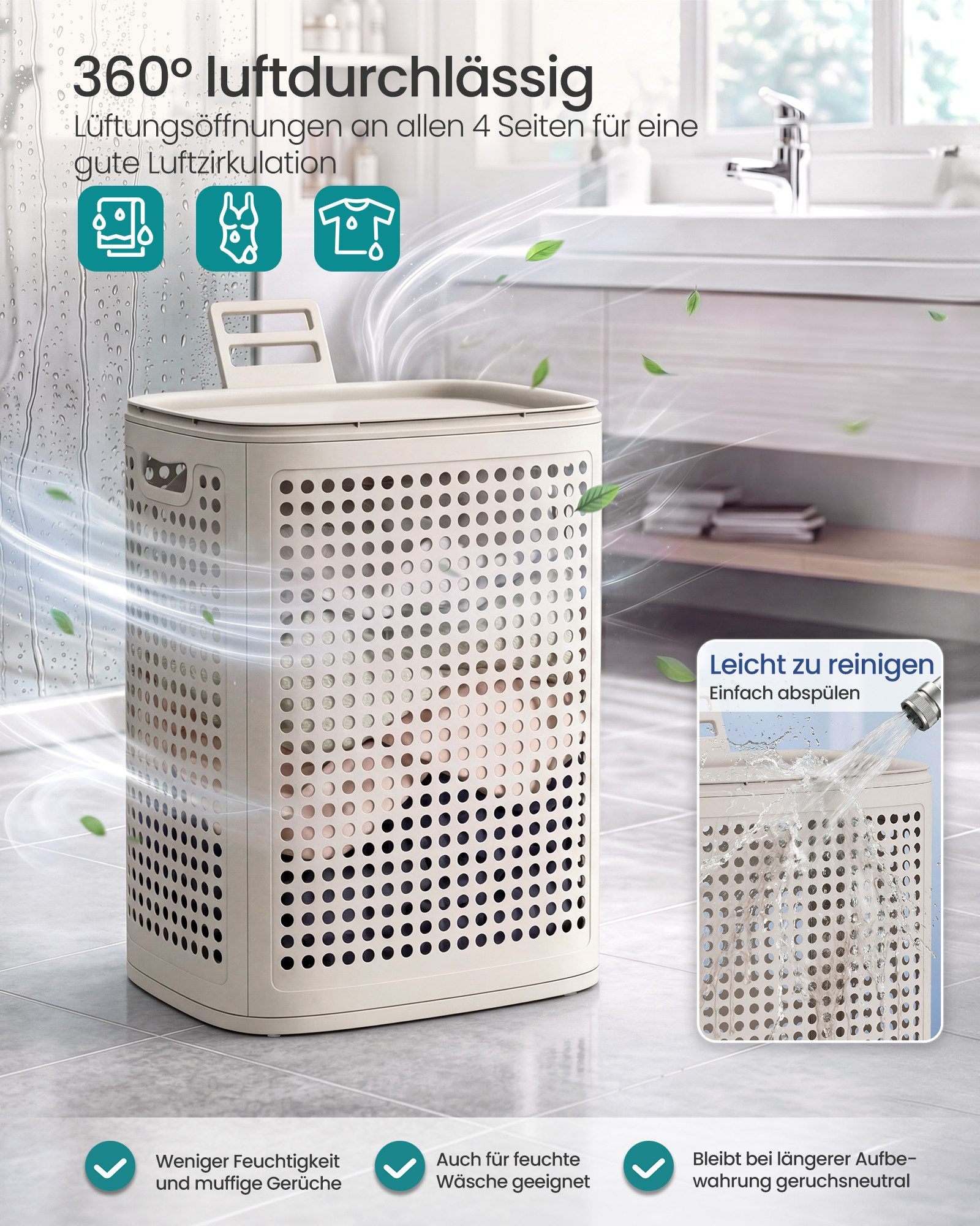 SONGMICS Wäschekorb mit Deckel, Wäschesammler Plastik, für Badezimmer, Waschküche, Wäschetonne schmal, Wäschebox platzsparend, Schlafzimmer, 75 L