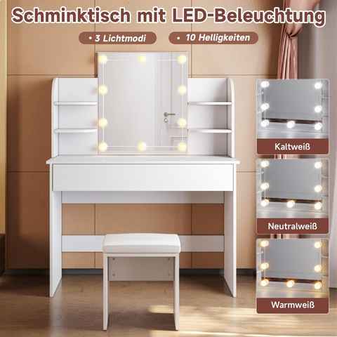 SONNI Schminktisch mit LED-Beleuchtung Frisiertisch Spiegel Hocker Schublade 108x40x140