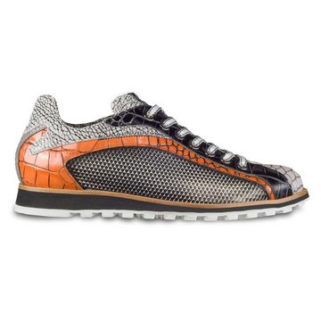 Lorenzi Herren Leder-Sneaker schwarz / weiß / orange, raffiniert geprägt Sneaker Handgefertigt in Italien