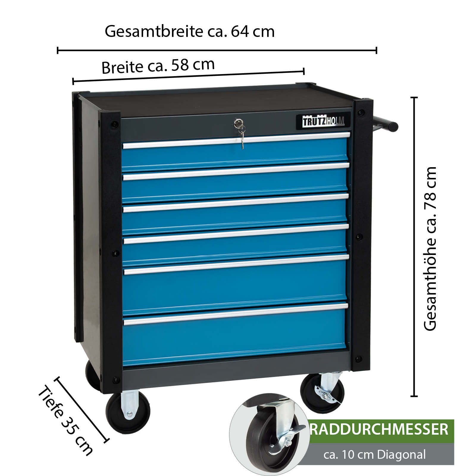 TRUTZHOLM Werkstattwagen "Trutzi" abschließbar 6 Schubladen 78 x 64 cm Rollcontainer blau, Trutzi mit 6 Schubladen, abschließbar