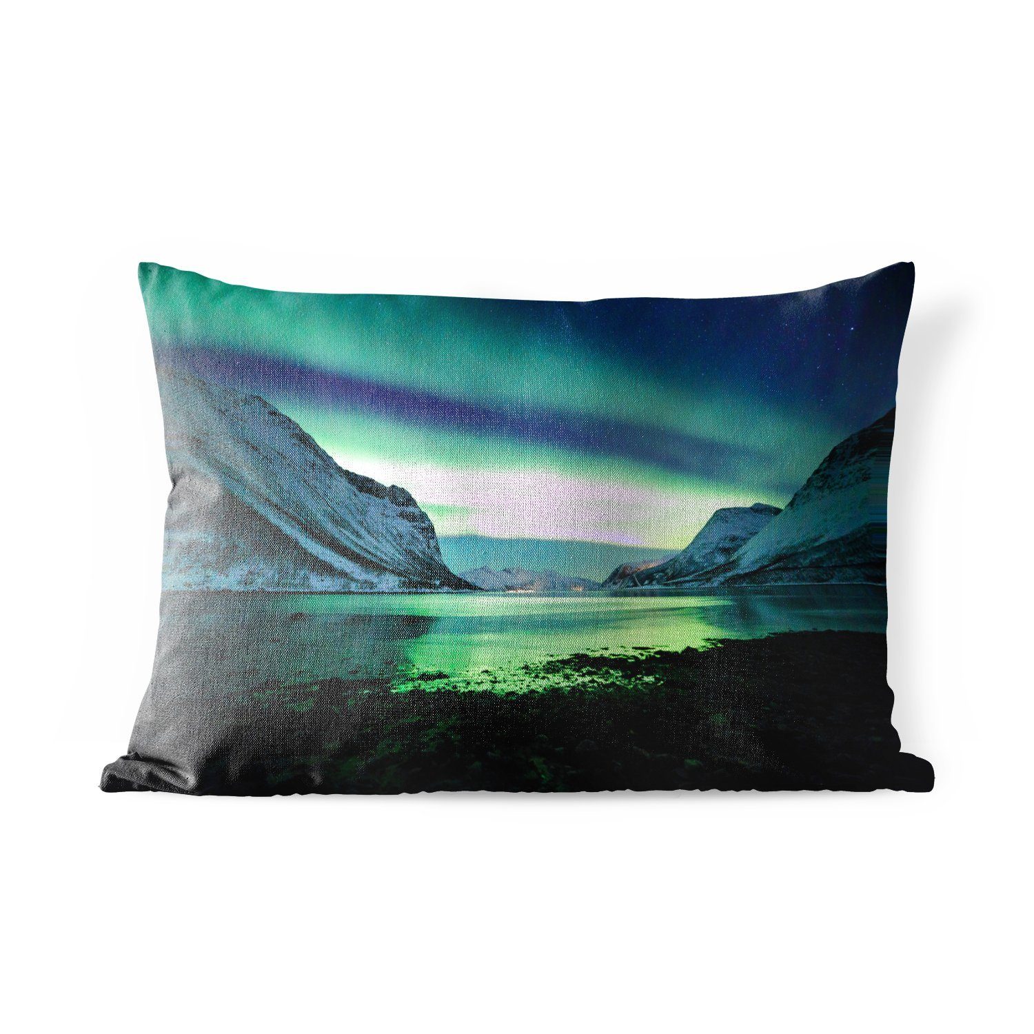 MuchoWow Dekokissen Nordlicht - Norwegen - Eis - Gelb - Berg - Wasser - Schnee, Outdoor-Dekorationskissen, Polyester, Dekokissenbezug, Kissenhülle