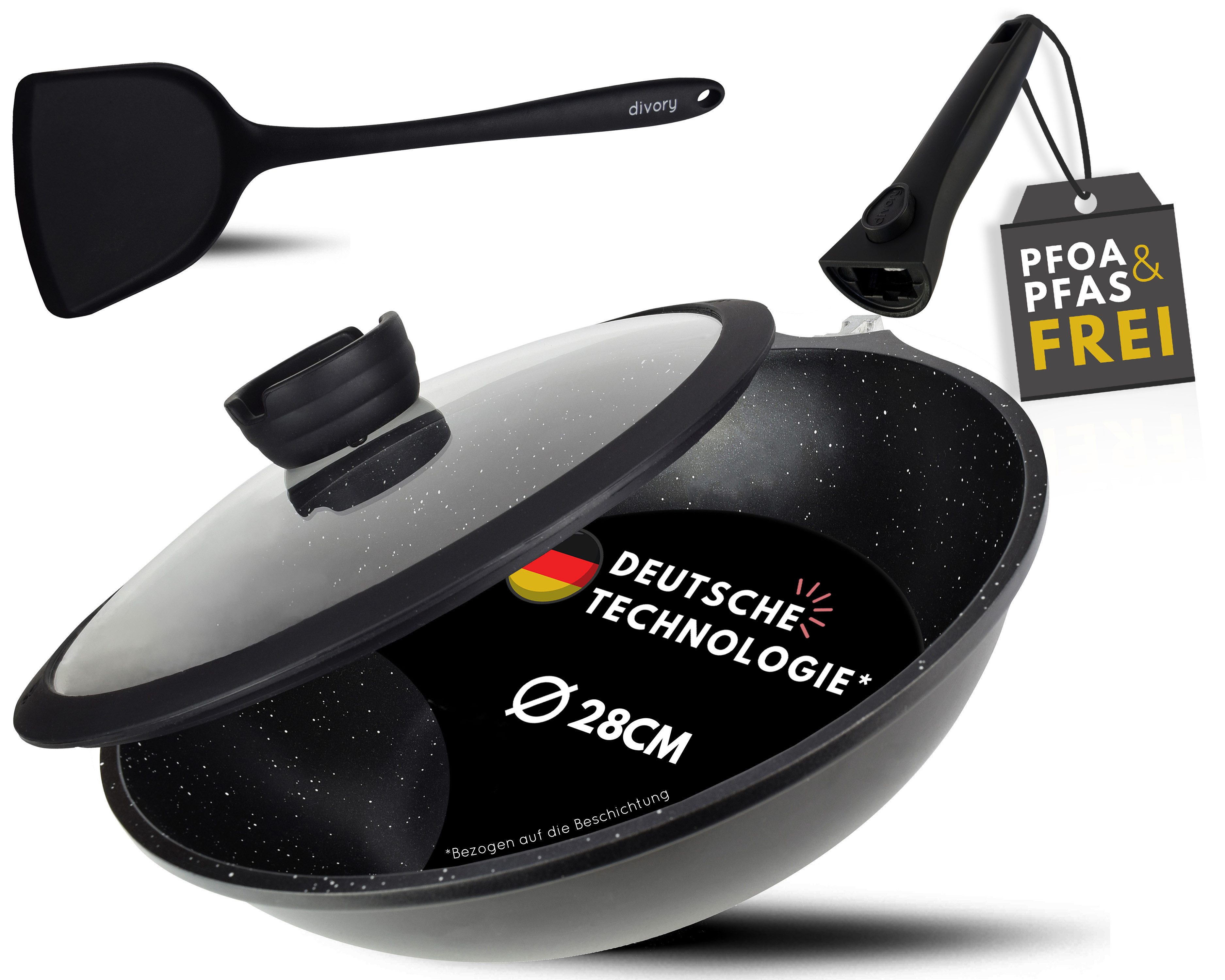 divory Wok Pfanne, abnehmbarer Griff, Antihaftbeschichtung, alle Herdarten, 30 cm, Aluminium, Induktion, abnehmbare Griffe