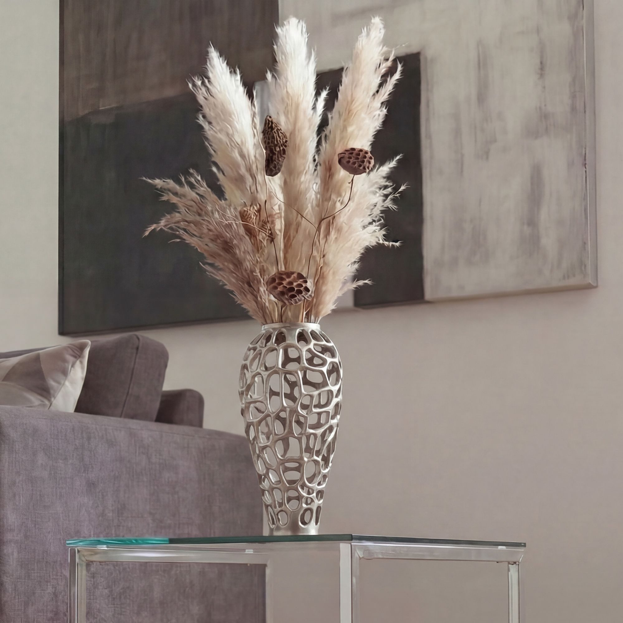 FINEBUY Bodenvase FB77218 Vase 45 cm Silber Standvase Blumenvase Wohndeko Groß (Skulpturale Dekovase für Trockenblumen und Zweige), Große Metallvase aus glänzendem Aluminium