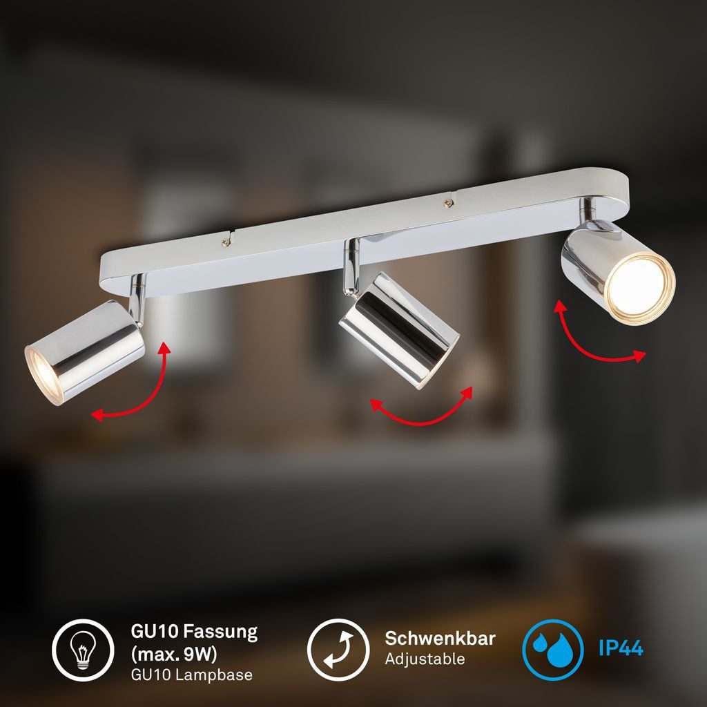 Briloner Leuchten LED Deckenleuchte Deckenlampe IP44 schwenkbar GU10 3-flammig, ohne Leuchtmittel, Abhängig vom Leuchtmittel - Warmweiß / Neutralweiß / Kaltweiß, 47,5x8,5 cm, Wohnzimmer, Schlafzimmer, Badezimmer, Büro