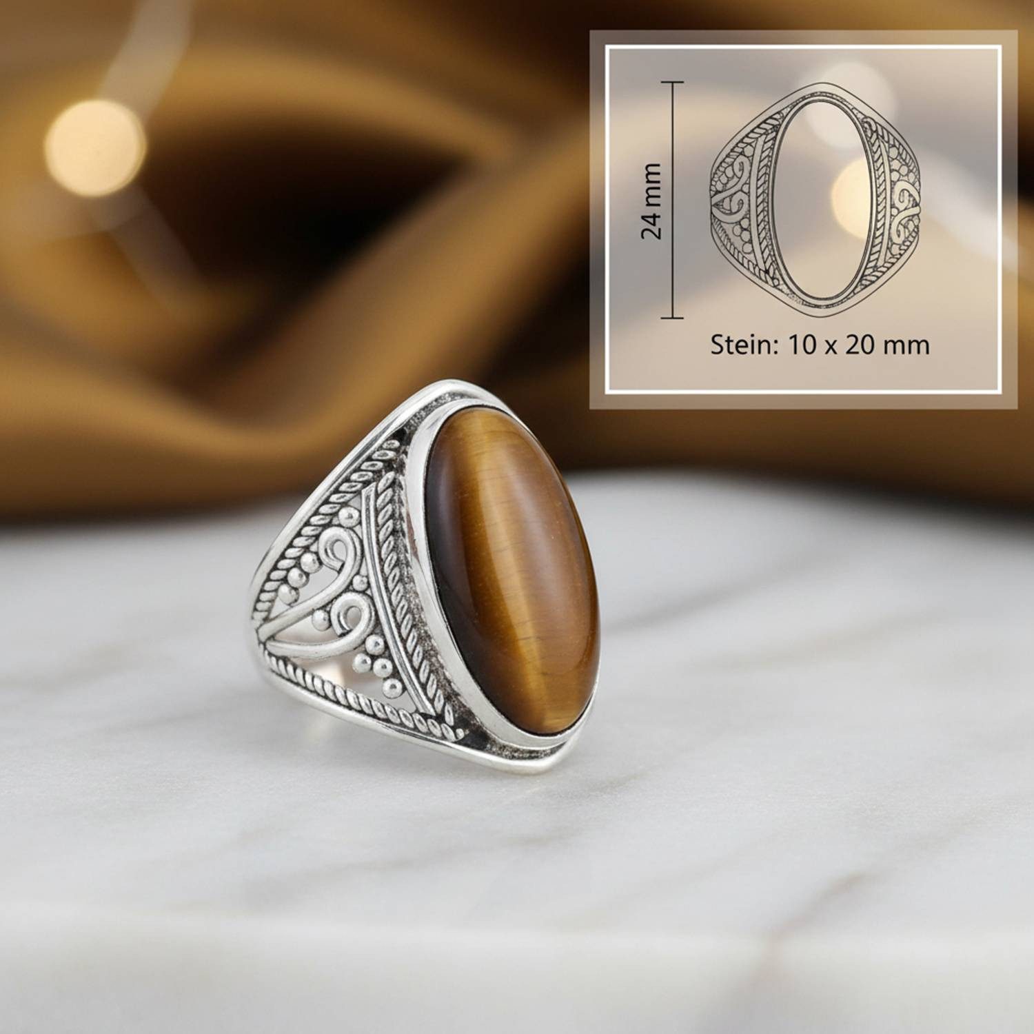 mantraroma Silberring DAHAB oval groß aus 925 Silber mit Tigerauge (Ring mit Schmuckbeutel), Damenring aus 925er Silber