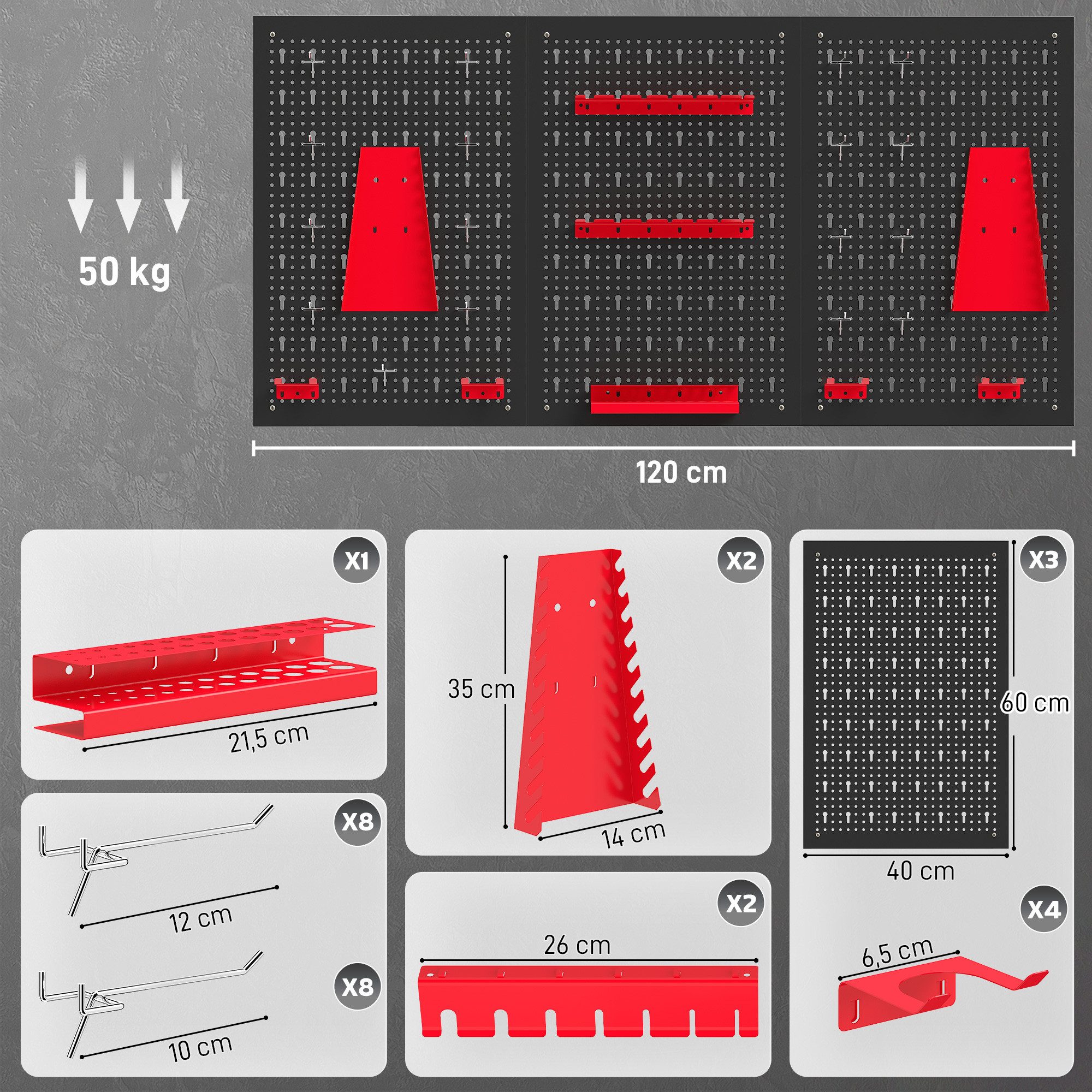 HOMCOM Lochwand Schüttenregal, Ablageböden, Sichtlagerkästen, Werkstattregal, 3 Stk., mit 16 Haken, (Lagersystem, 28-tlg., Wandregal), 60 x 40 x 2 cm Schwarz+Ro – Bild 3 von 5