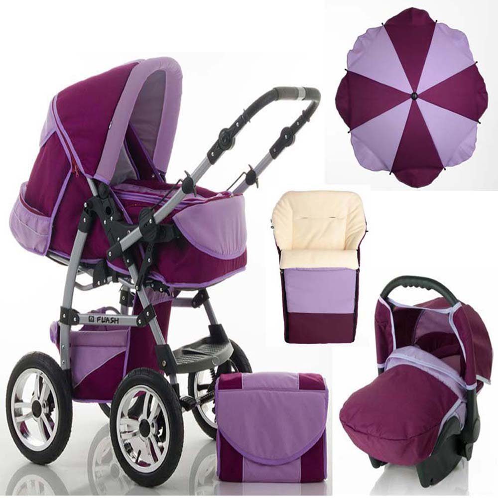 babies-on-wheels Kombi-Kinderwagen 5 in 1 Kinderwagen-Set Flash inkl. Autositz - 17 Teile - in 18 Farben Bordeaux-Flieder