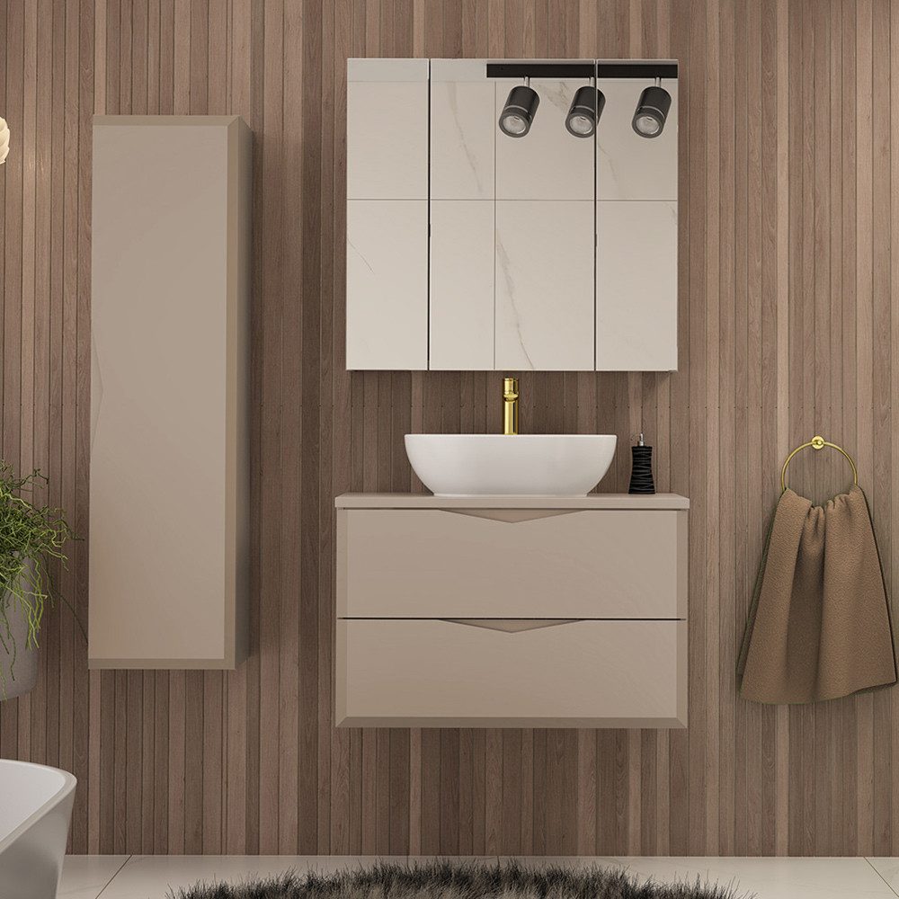 Lomadox Badmöbel-Set DORIDA-140, (Spar-Set, 3-St., Spiegelschrank Waschtisch Hochschrank), Bedezimmer Set inkl. Waschbecken modern in kaschmir