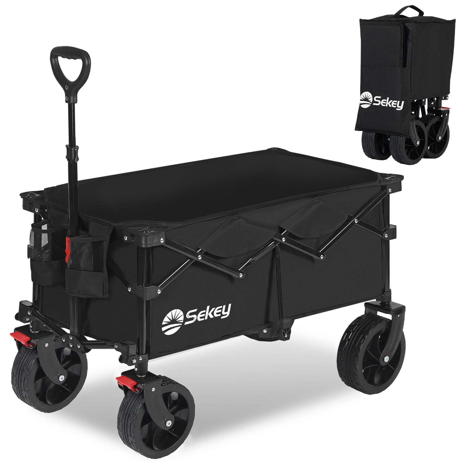 Sekey Bollerwagen 150 KG Bollerwagen Faltbar Handwagen mit Bremsen und breiten Reifen, Patentiertes, 4-fach zusammenklappbares Design, Kein Zusammenbau nötig