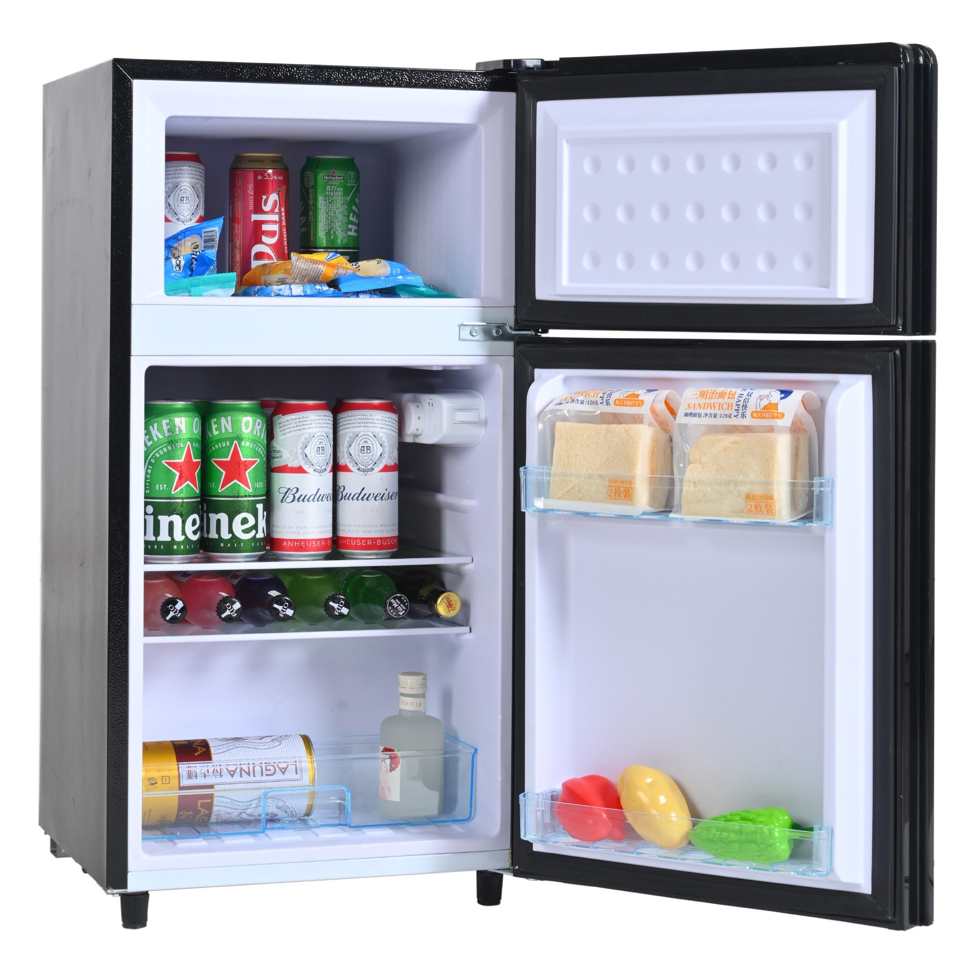 Merax Table Top Kühlschrank Kühl-/Gefrierkombination BCD-100, 86.5 cm hoch, 44.5 cm breit, Mini-Kühlschrank mit LED und verstellbaren Ablage,Tür mit Glasdekor
