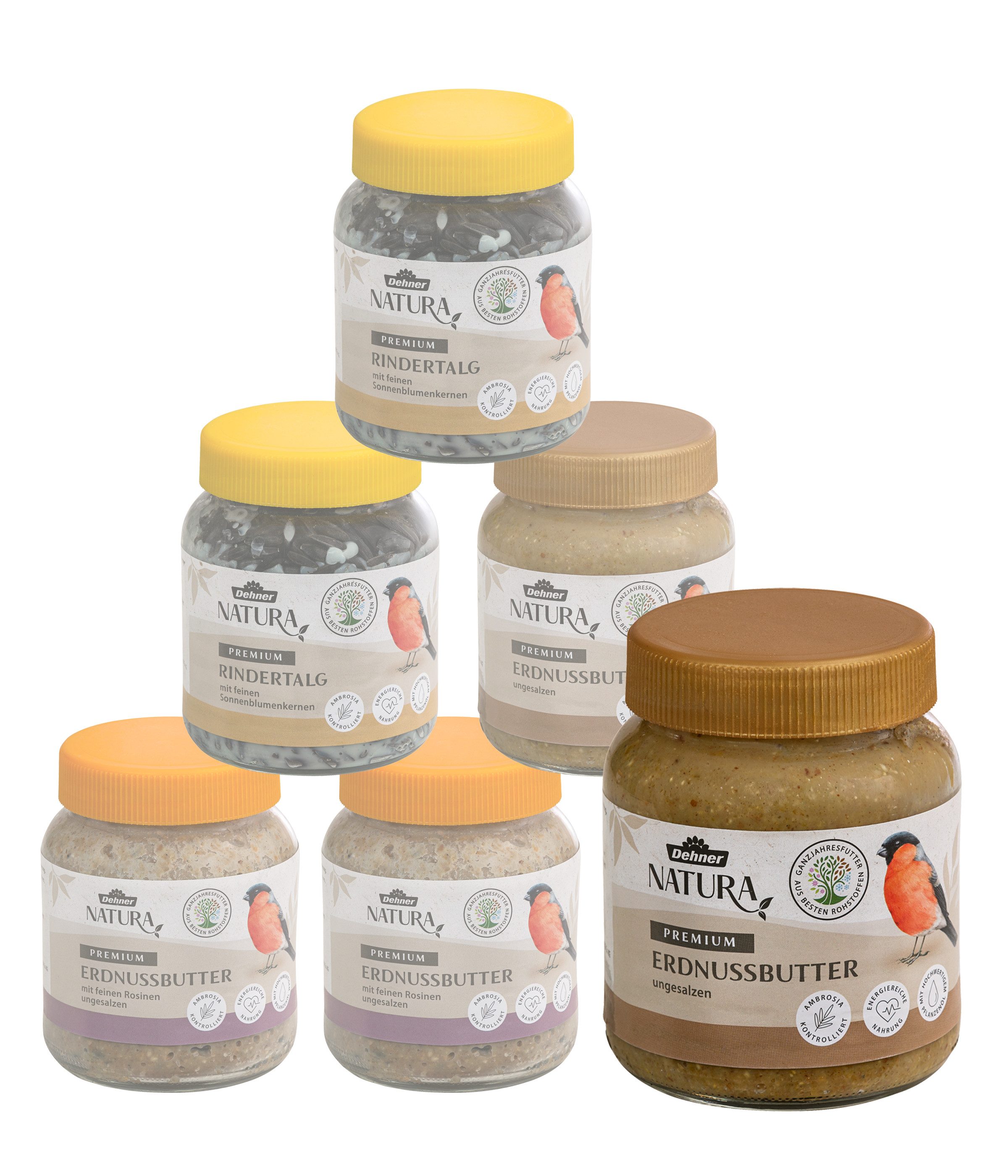 Dehner Natura Premium Erdnussbutter / Rindertalg im Glas, 6-teiliges Set Erdnuss, Hauptfutter für: Gartenvögel, Wildvogel, verschiedene Sorten als Probierset, ungesalzen