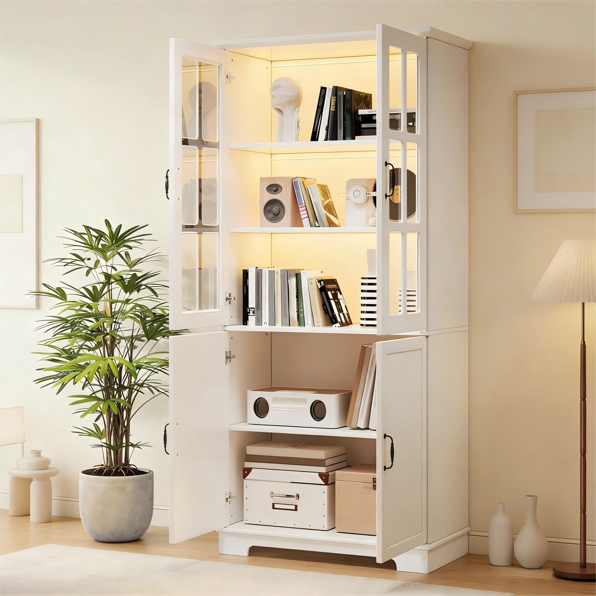 STILVORA Vitrine Highboard mit 2 Glasgittern Landhaus-Stil für Wohnzimmer & Küche (Vitrinenschrank im Landhausstil, 80×38×180 cm, 2 Glastüren + 2 Volltüren, 5 Ebenen, Weiß) Retro-Mesh-Glastüren, für Wohnzimmer / Küche / Flur
