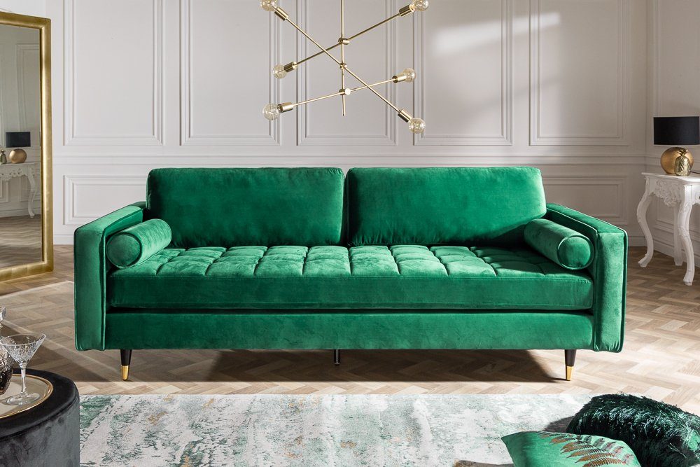 riess-ambiente Sofa COZY VELVET 220cm smaragdgrün / schwarz / gold,  Einzelartikel 1 Teile, Wohnzimmer · Samt · 3-Sitzer · Federkern · mit  Kissen · Barock Design