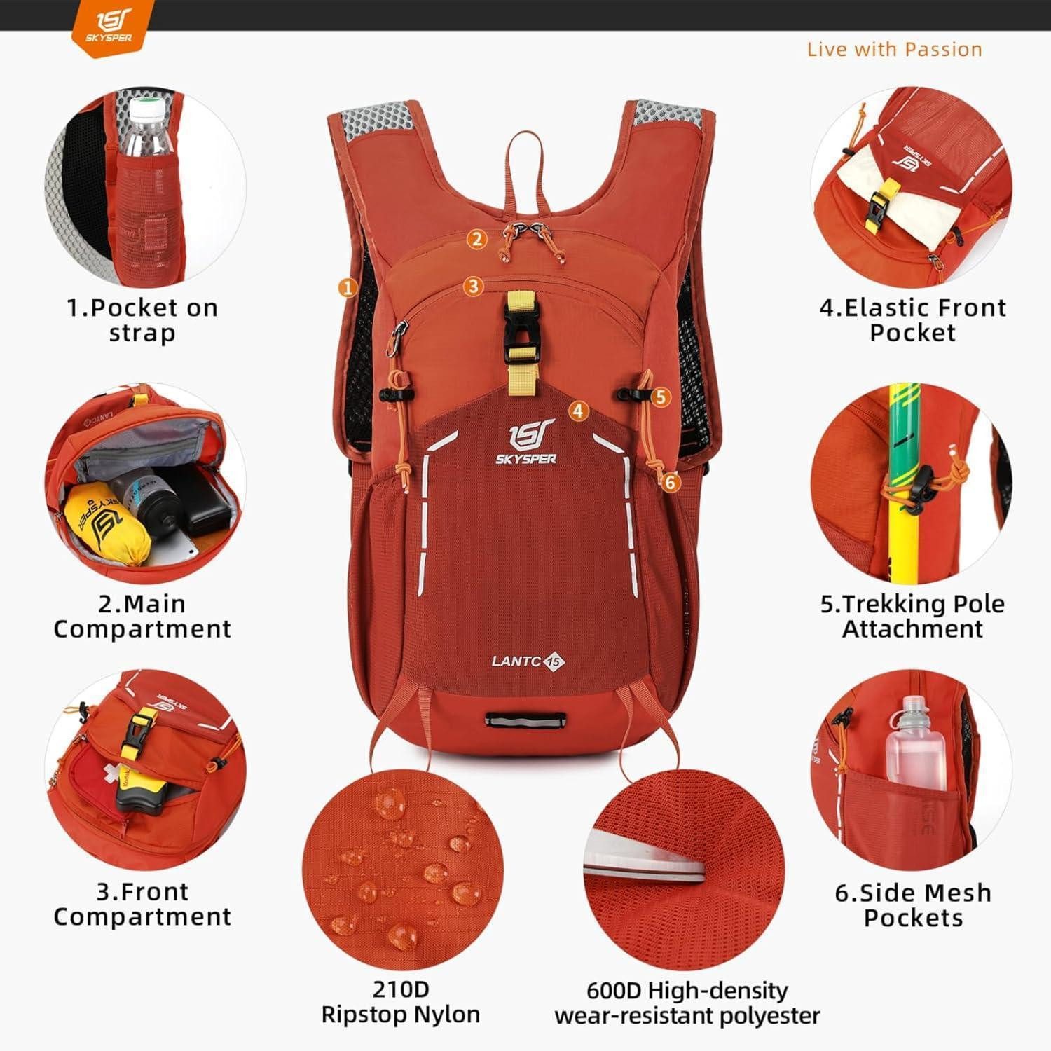 LuxusKollektion Wanderrucksack Wanderrucksack Herren Tagesrucksack Trekkingrucksack 15Liter Orange