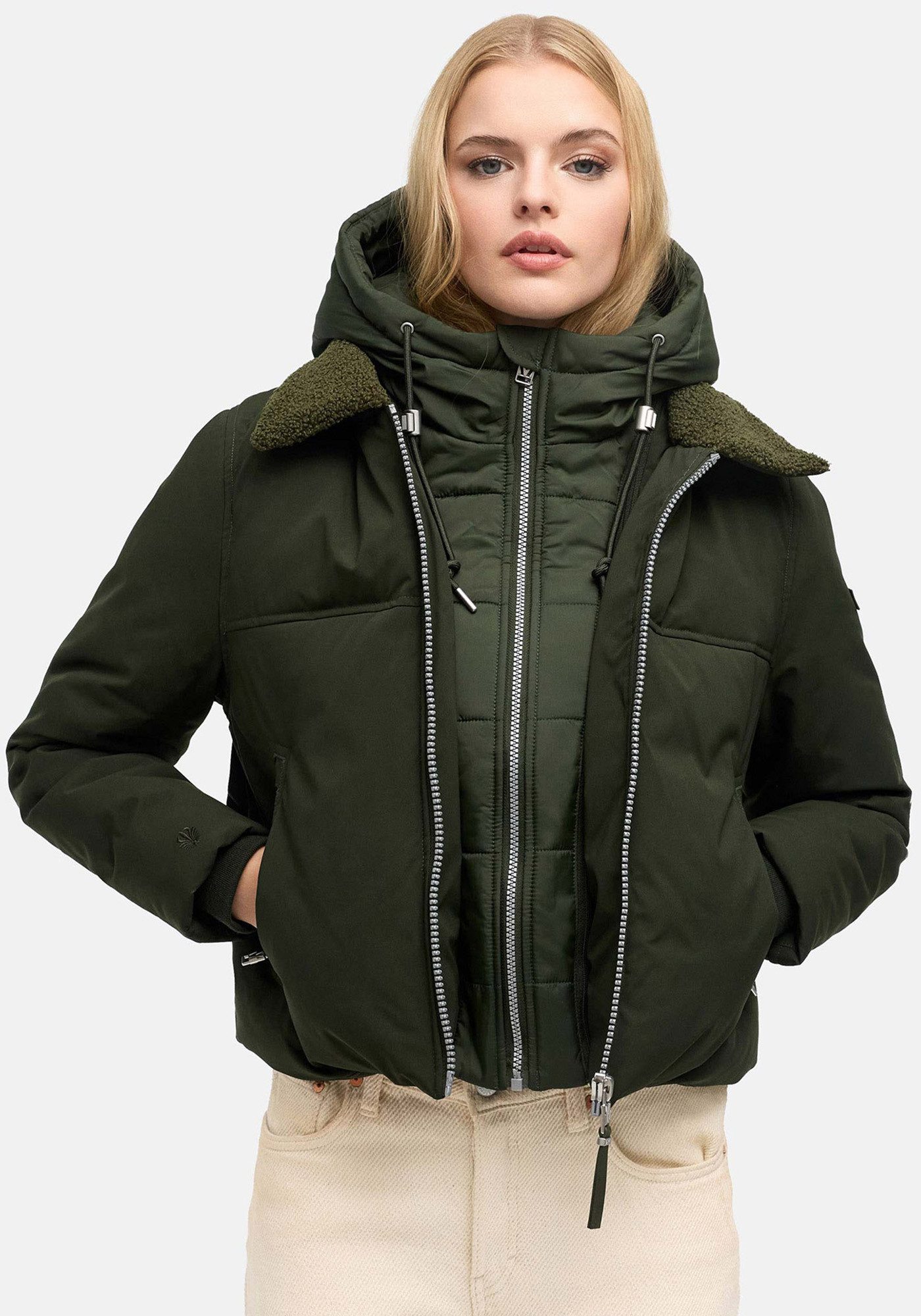 Marikoo Winterjacke Yurinaa Damen Pufferjacke warm mit Kapuze und kuscheligem Kragen