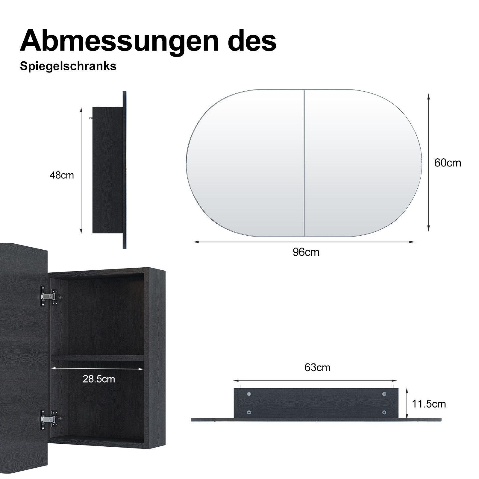 radelldar Spiegelschrank Bad mit Spiegel, 5 Fächer, hängend, 96x12x60 cm (1-St) Badschrank modern mit 3 festen Einlegeböden für Badezimmer