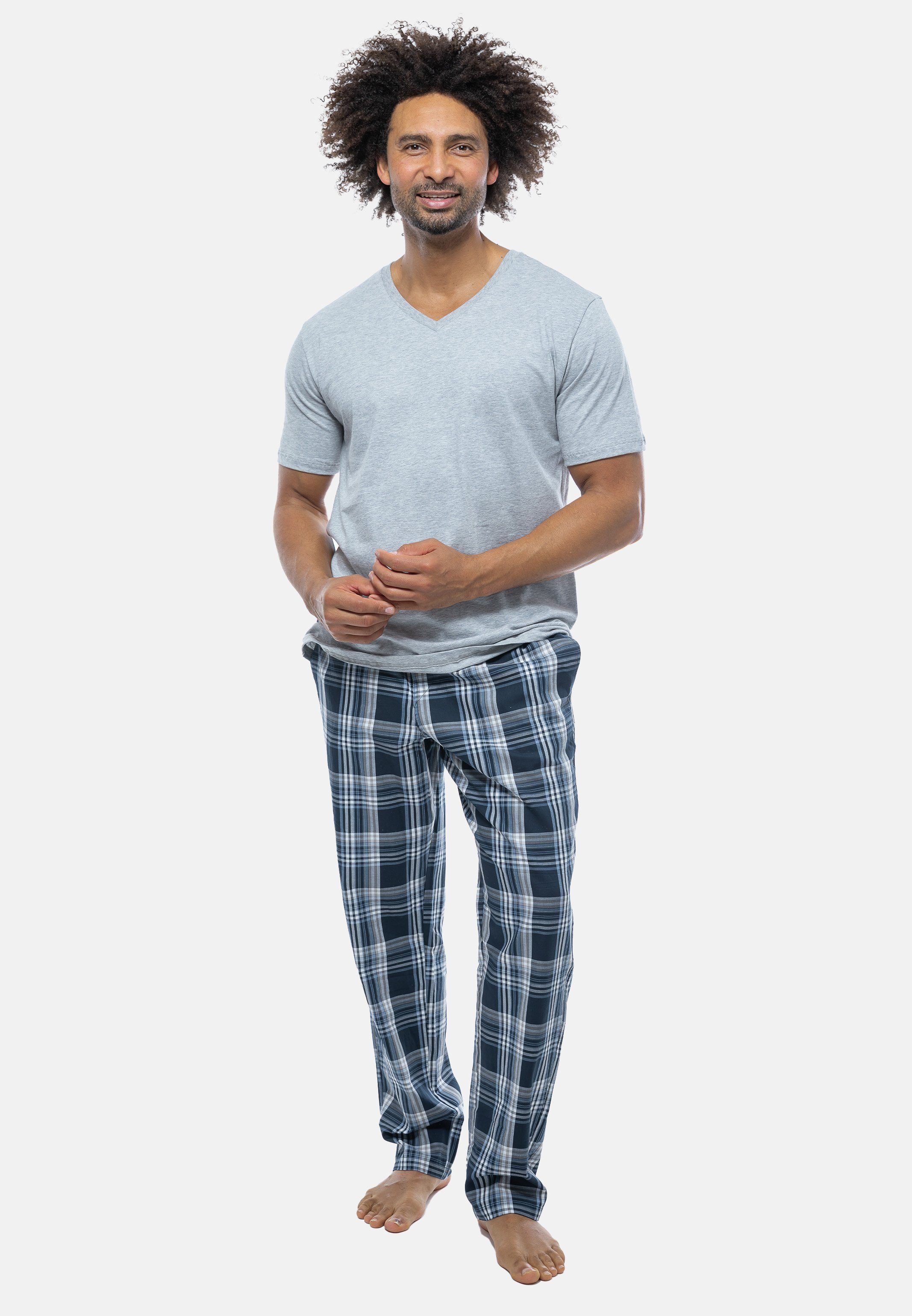 Baumwolle - tlg) (Set, V-Ausschnitt 2 - Kurzarm-Shirt Mix mit Schiesser Schlafanzug Pyjama