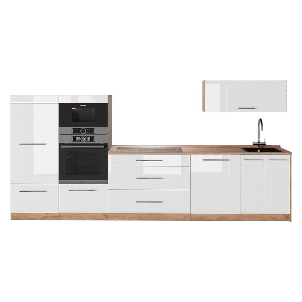 Vicco Küchenzeile Fame-Line, Weiß Hochglanz/Goldkraft Eiche, 340 cm, AP Eiche