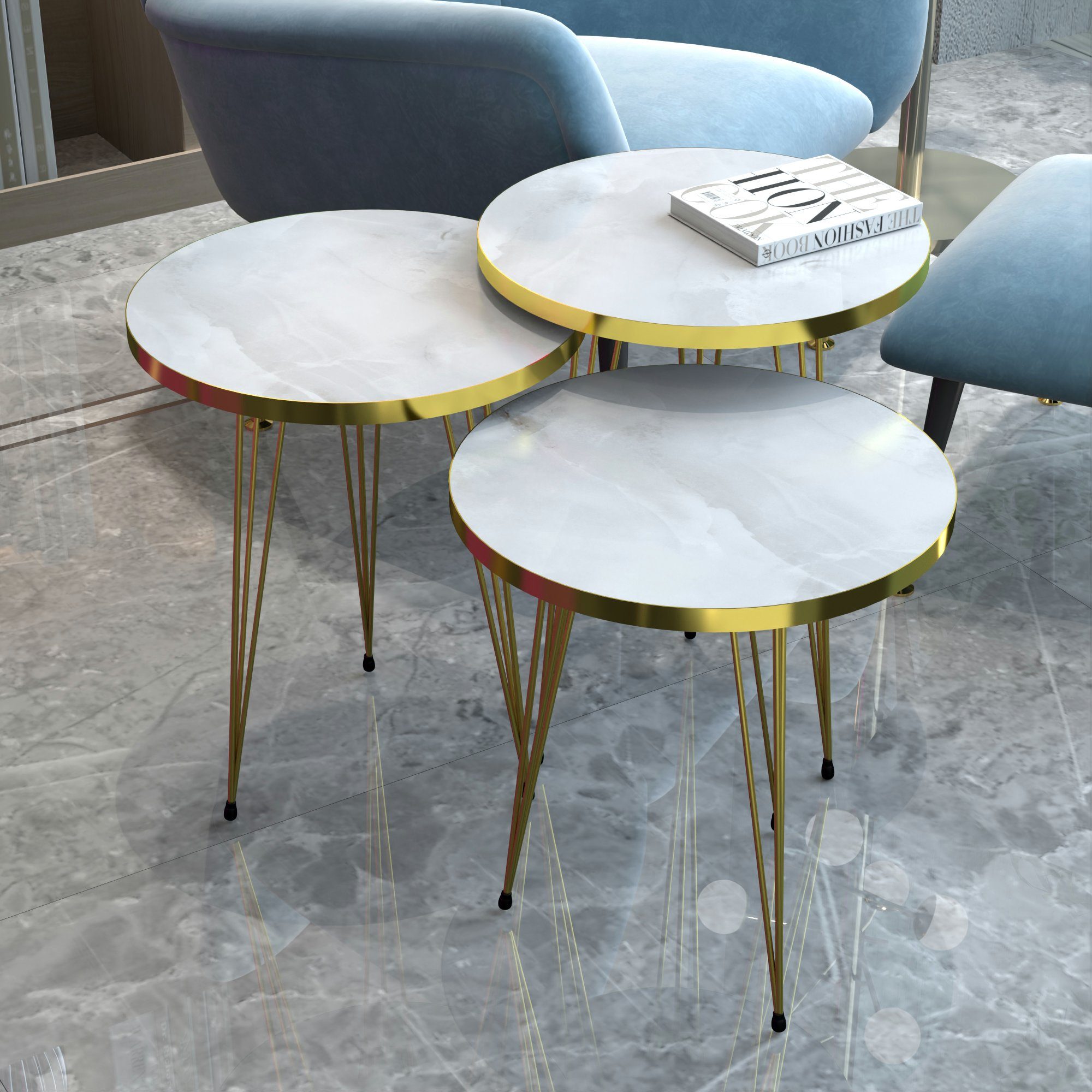 en.casa Satztisch, »Skibby« Beistelltisch im 3er Set Marmor, weiß / Gold günstig online kaufen