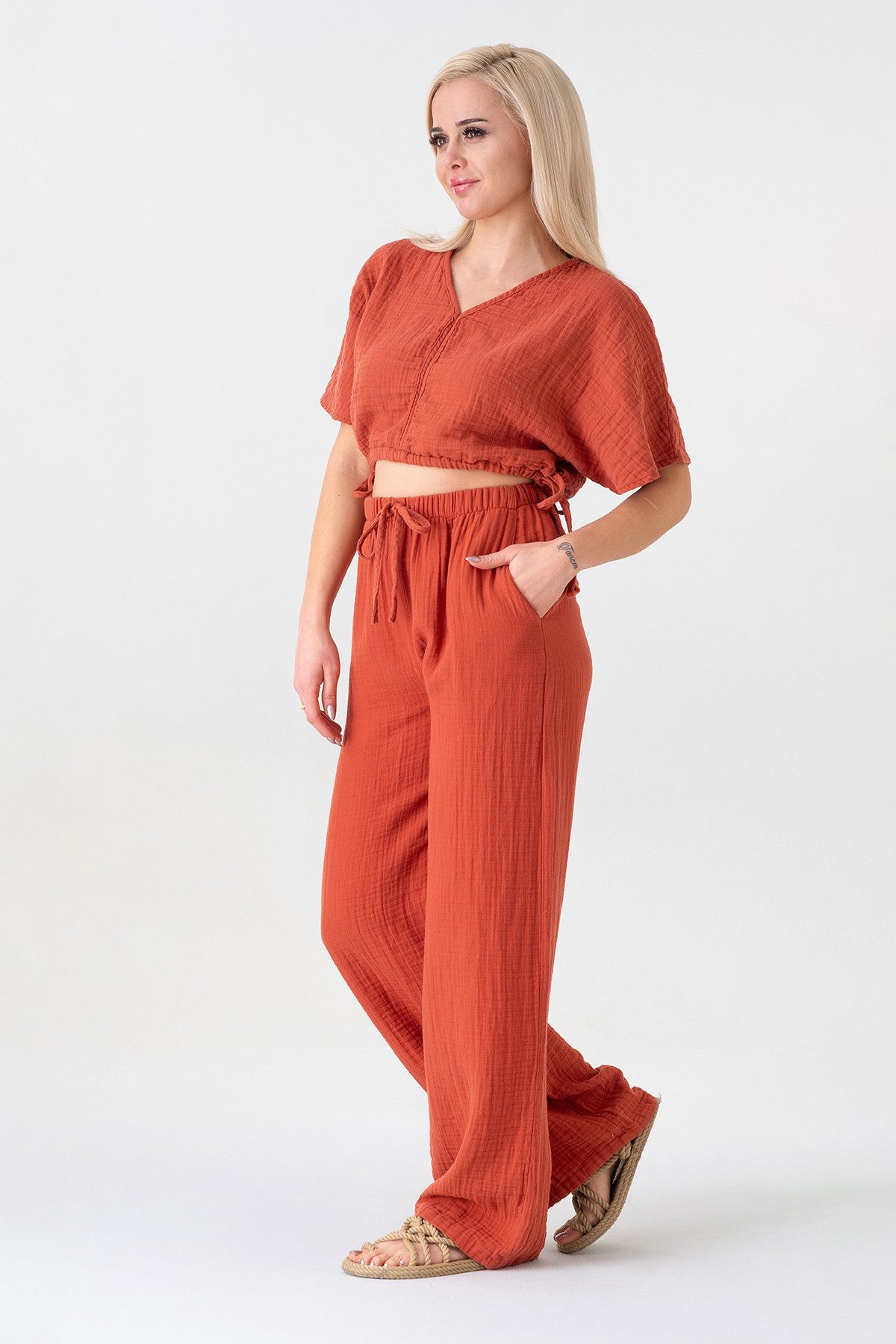 WENOR Palazzohose Damen Musselin-Hose - Sommerhose 100 % Baumwolle, elastischer Bund Weiter Beinverlauf, Musselinstruktur, luftiger Schnitt