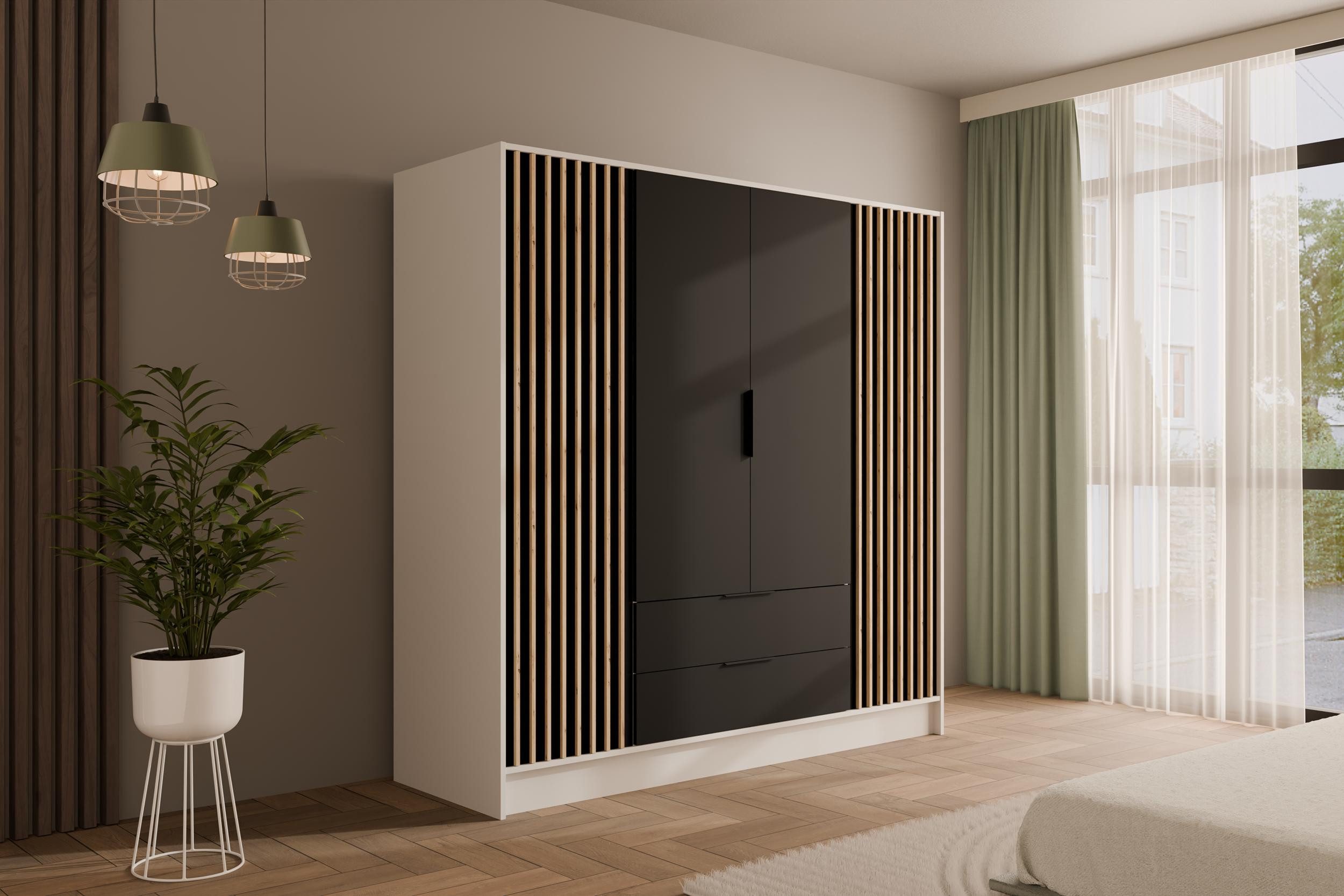 ALTDECOR Drehtürenschrank NELIA (Kleiderschrank Garderobenschrank mit viel Stauraum, Moderner Schrank) Vielseitiger Drehtürenschrank mit Spiegeltüren Spiegel Lamellen