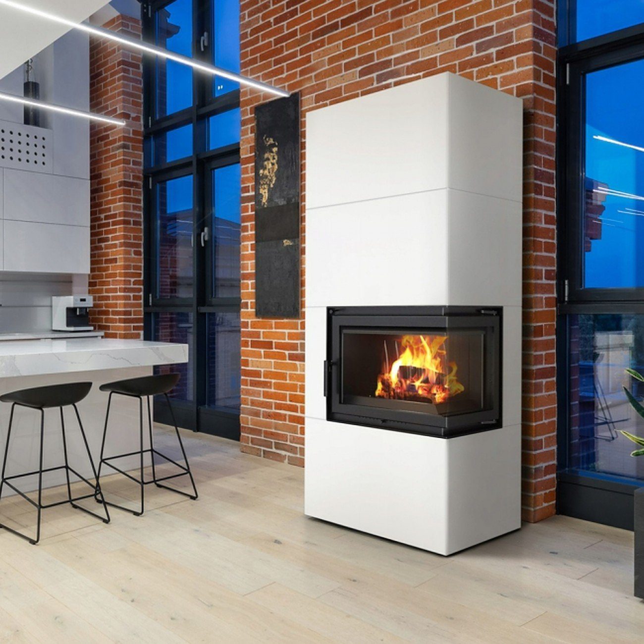 Kratki Kaminofen KAMINEINSATZ SIMPLE BOX 8 KW Ø 200 RECHTS WEISS, TÜRFEDER, BImSchV 2, (5-tlg)