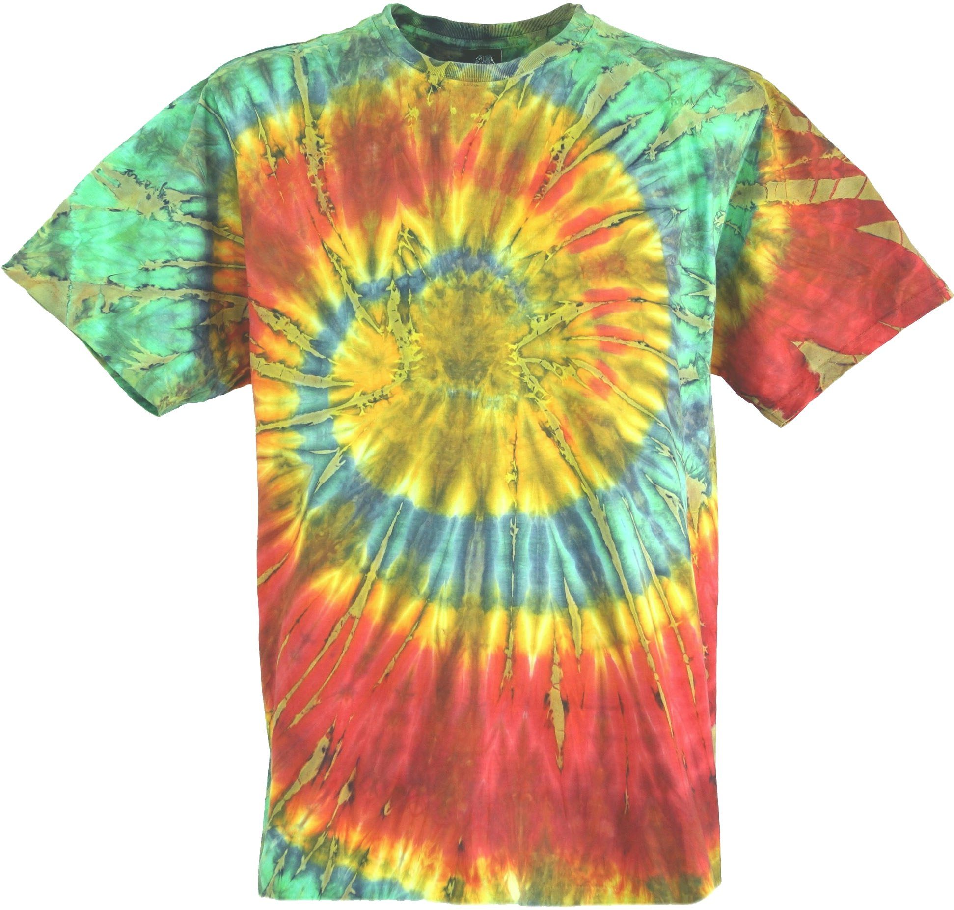 Guru-Shop T-Shirt Batik T-Shirt, Herren Kurzarm Tie Dye Shirt -.. Handarbeit, Hippie, Festival, Goa Style, alternative Bekleidung rot/grün Spirale