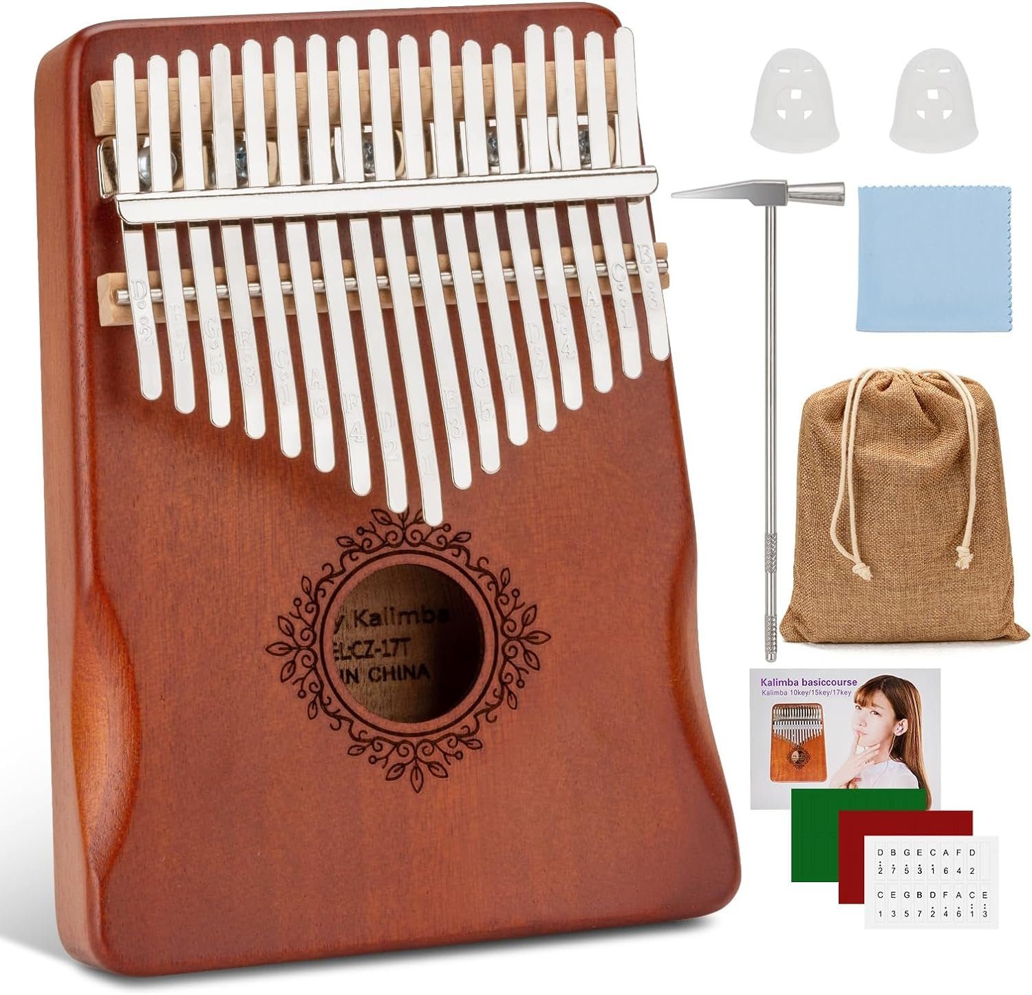 Schlagzeug Kalimba 17 Schlüssel, Daumenklavier inkl. Stimmhammer & Lernwerkzeuge