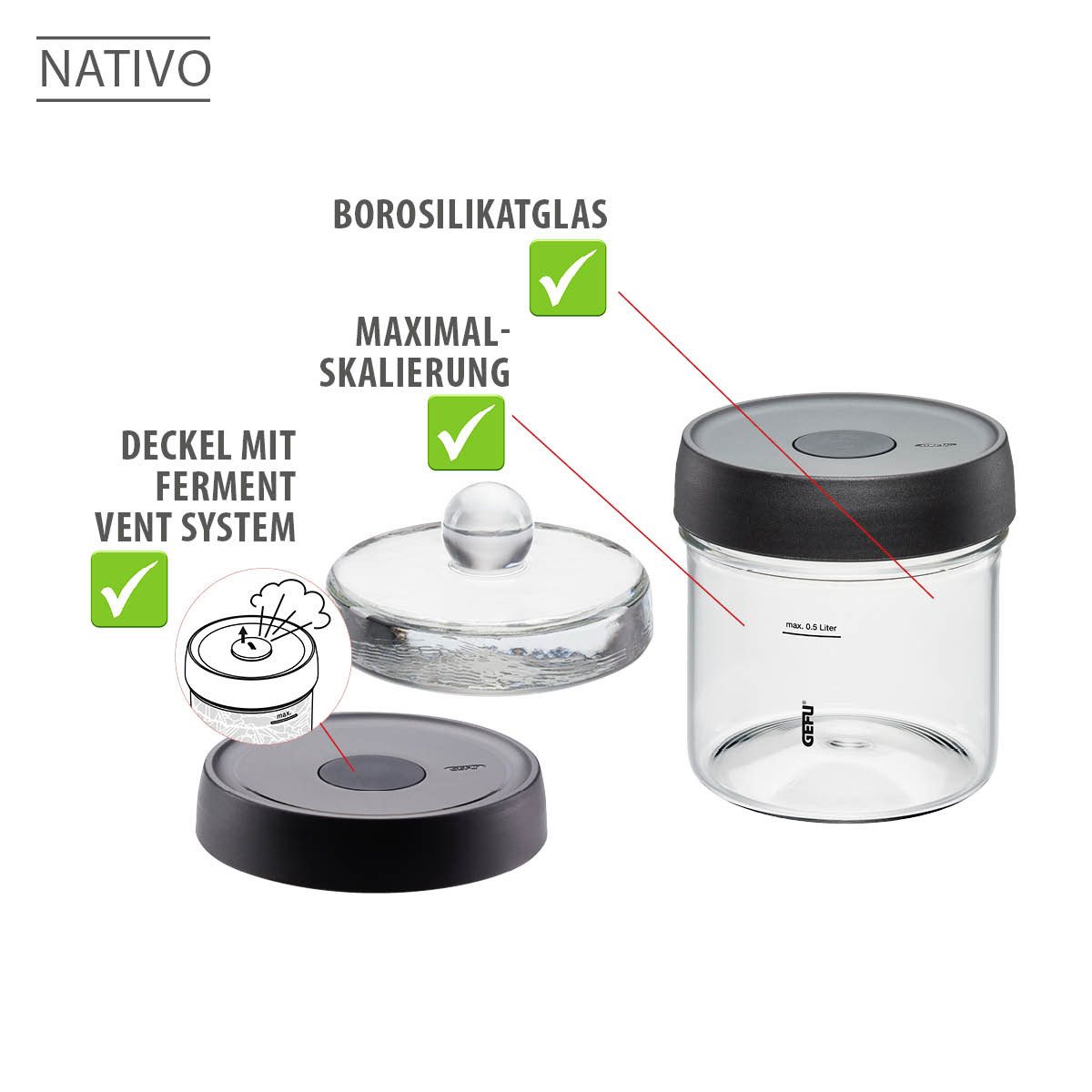 GEFU Fermentationsglas Fermentierglas NATIVO Mit Deckel und Gärventil 500 – Bild 3 von 5