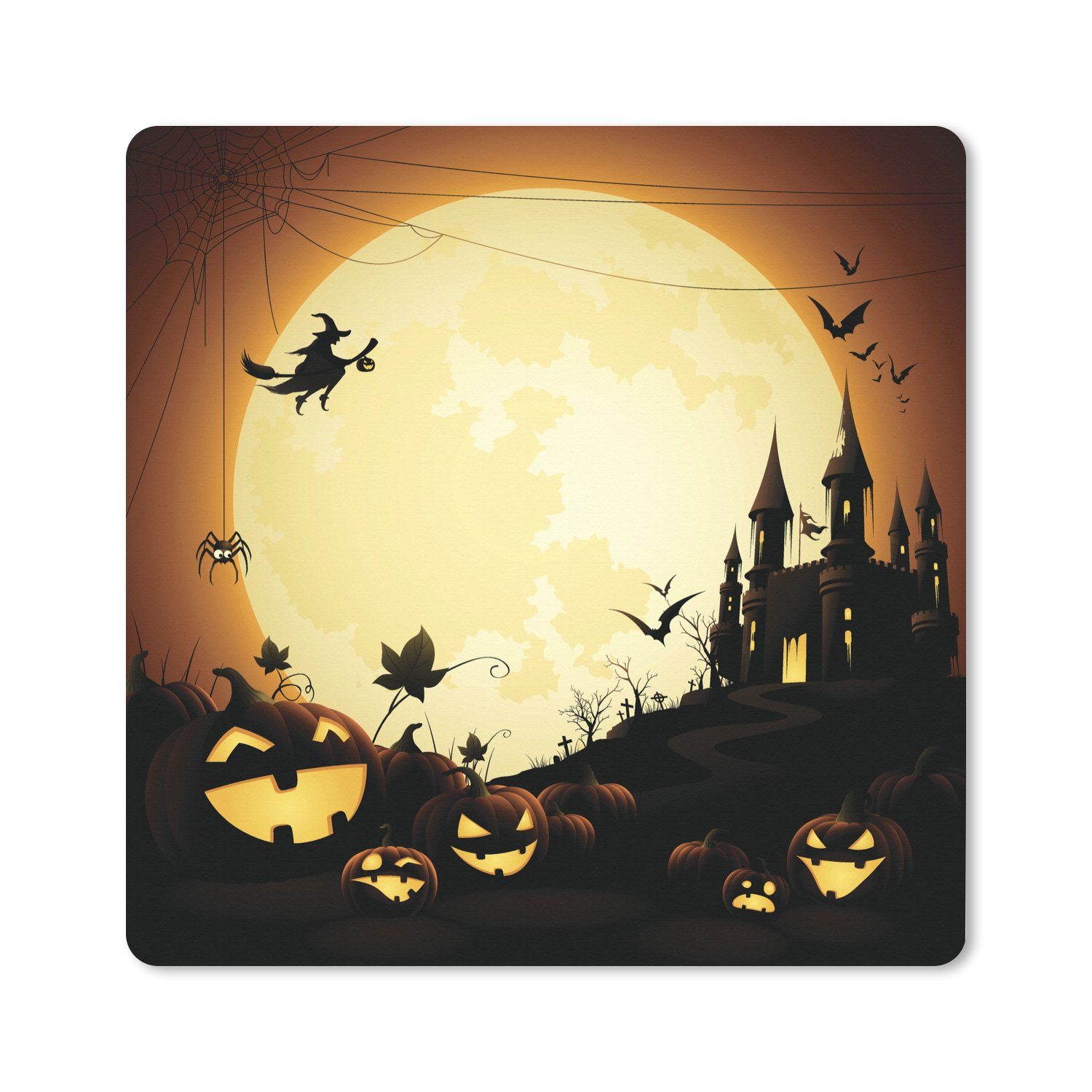 MuchoWow Gaming Mauspad Eine Illustration eines Schlosses mit Hexen und Kürbissen zu Halloween (1-St), Gaming, Rutschfester Unterseite, Mausunterlage, 80x80 cm, XXL, Großes