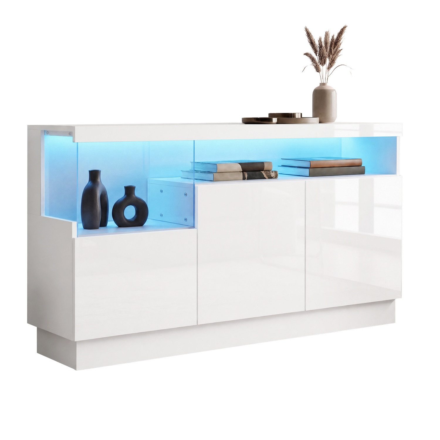 ANYSUN Sideboard Wohnzimmerschrank mit LED Licht,Aufbewahrungsschrank,mit Acryl Vitrine (1 St), mit 3 Hochglanz-Fronttüren und App-Steuerung,Weiß
