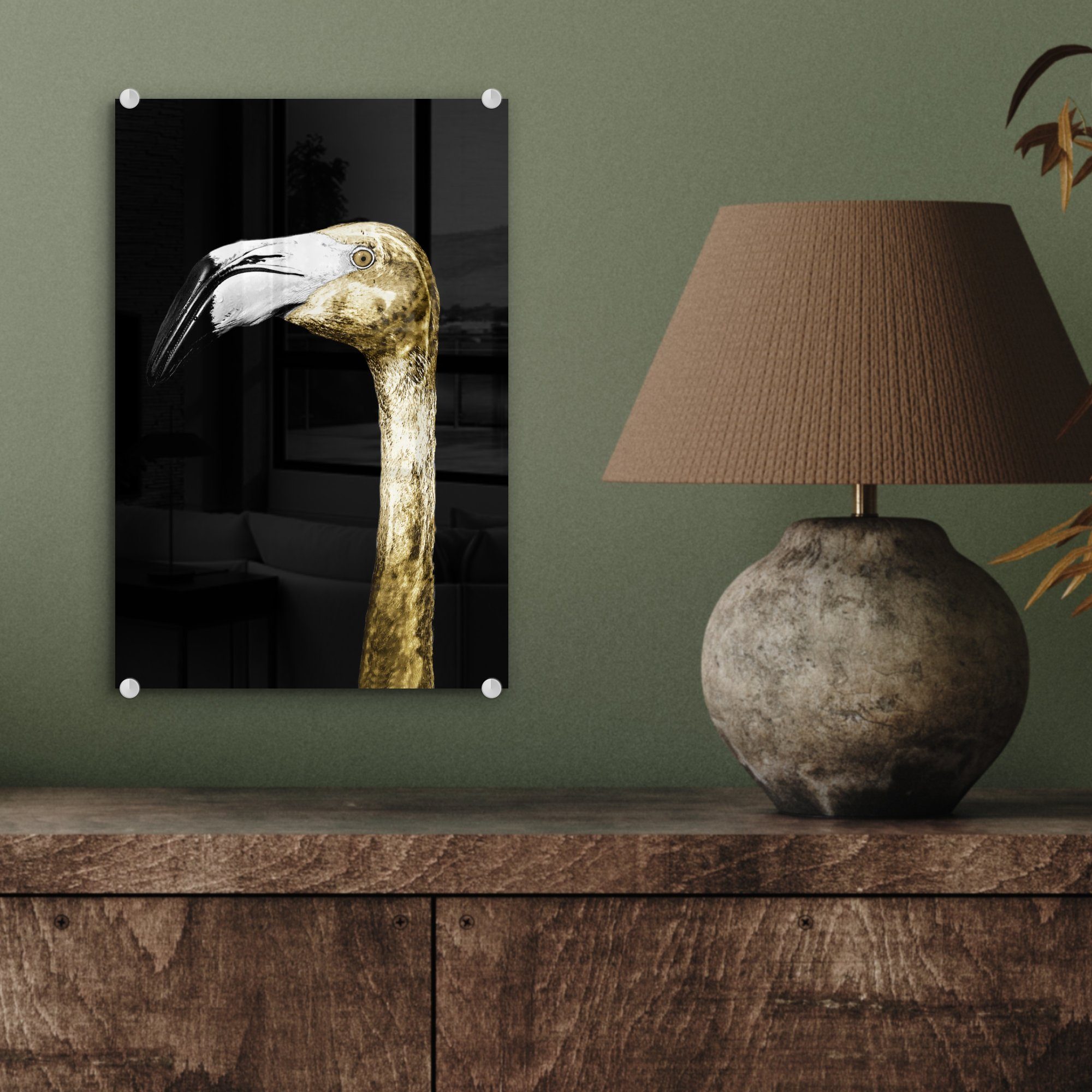 MuchoWow Gold Wandbild Foto St), Glasbilder - Flamingo Glas - Porträt, (1 - Bilder auf Acrylglasbild auf Wanddekoration - Glas - bunt