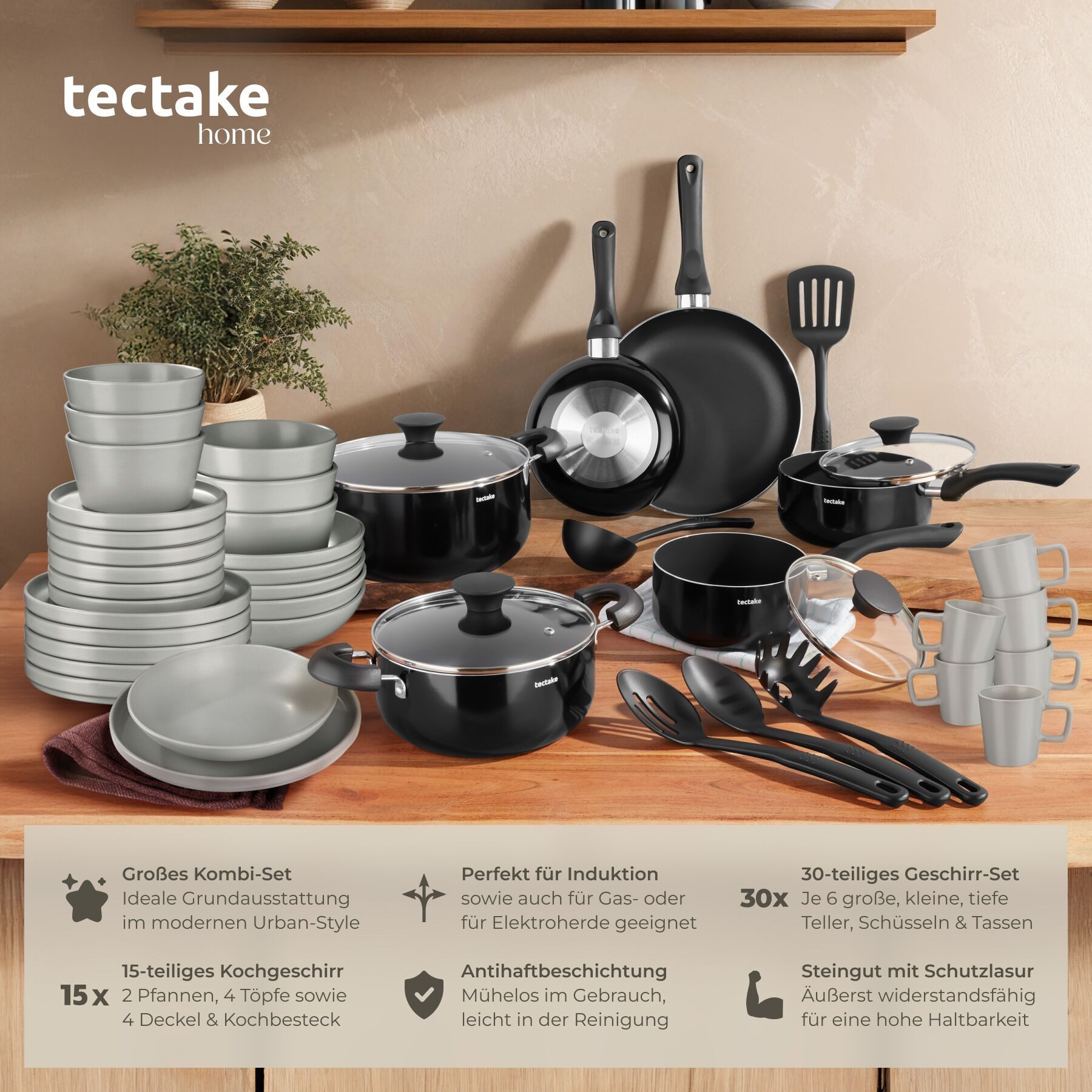 tectake Kochbesteck-Set Küchenstarterset aus Steingut, Inkl. 5 Küchenwerkzeugen (Geschirrset Una/Varese, 45-tlg., in grau/schwarz), rostfreies Aluminium, hitzebeständig und kratzfest, leichte Reinigung