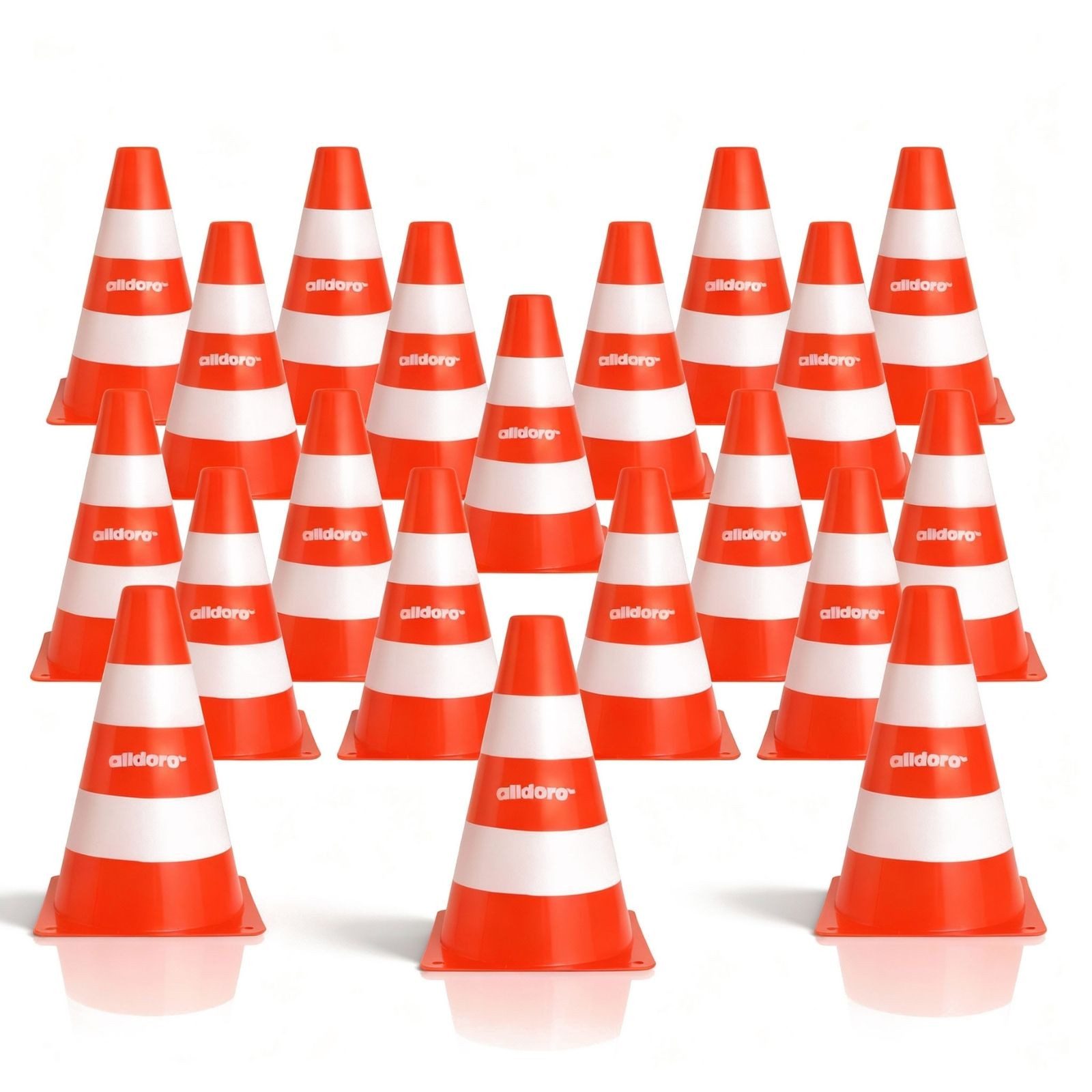 alldoro Pylonen 20er Set für Kinder, Kunststoff-Leitkegel orange-weiß, 18 cm hoch, Verkehrshütchen für Spiel, Sport, Freizeit & Verkehrserziehung